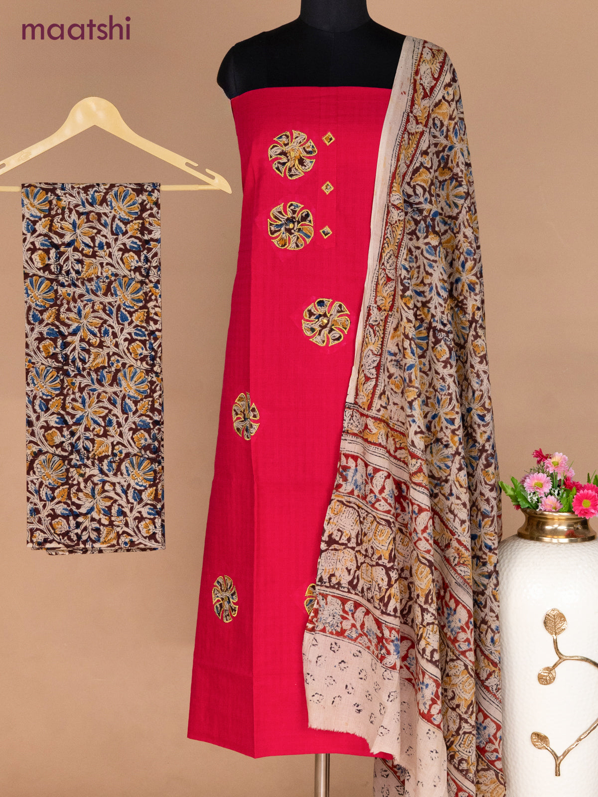 Cotton applique work dress materials pink and deep maroon with kalamkari patch work and kalamkari bottom & dupatta