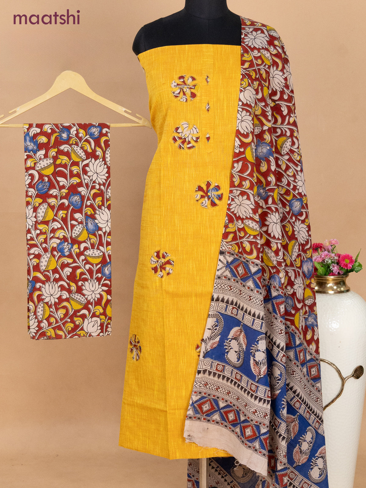 Cotton applique work dress materials mango yellow and maroon with kalamkari patch work and kalamkari bottom & dupatta