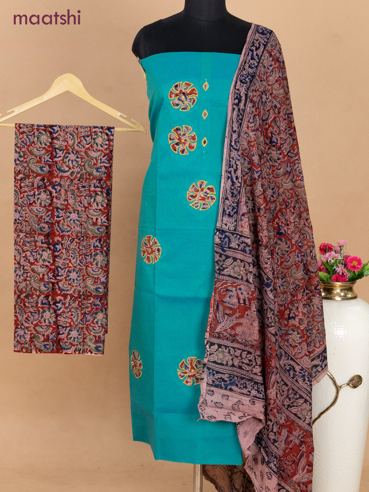 Cotton applique work dress materials teal bluish green and red shade with kalamkari patch work and kalamkari bottom & dupatta