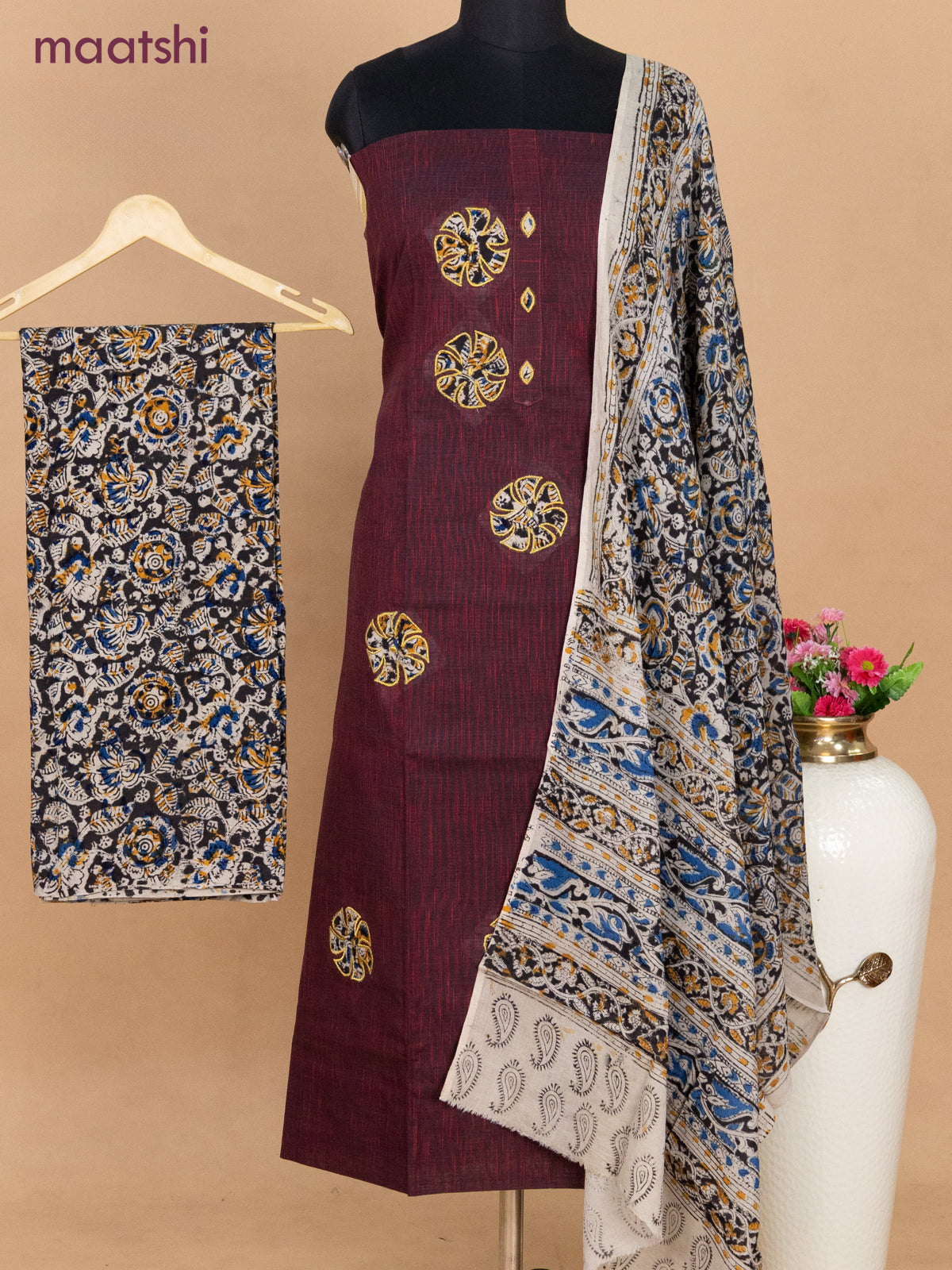 Cotton applique work dress materials maroon and black with kalamkari patch work and kalamkari bottom & dupatta