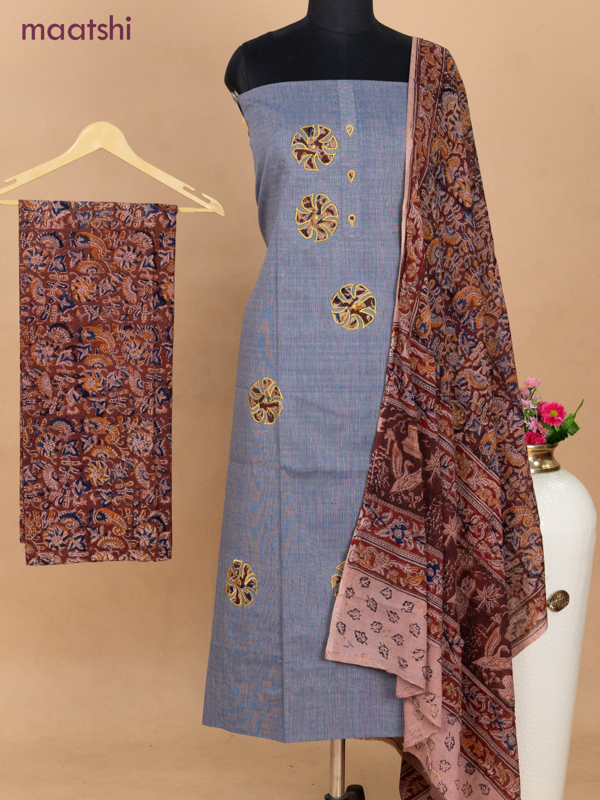 Cotton applique work dress materials bluish grey and maroon with kalamkari patch work and kalamkari bottom & dupatta