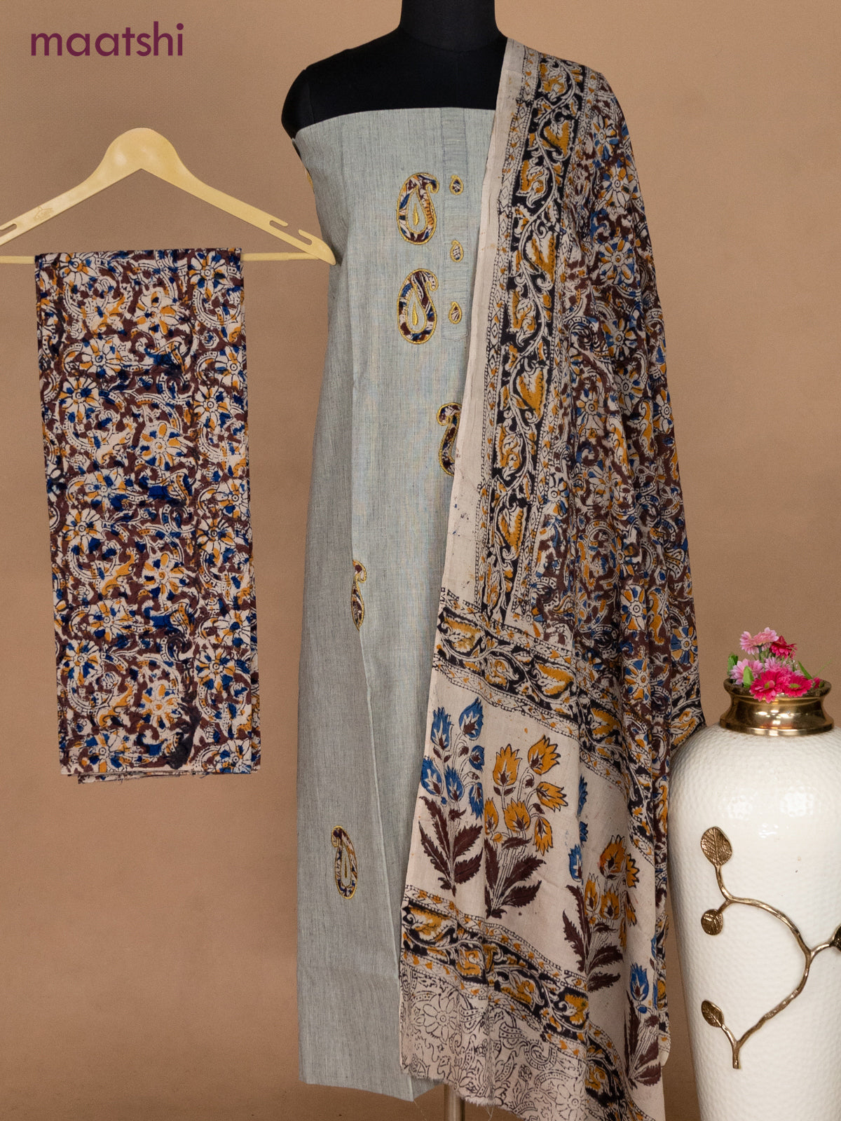 Cotton applique work dress materials elaichi green shade and deep maroon beige with kalamkari patch work and kalamkari bottom & dupatta