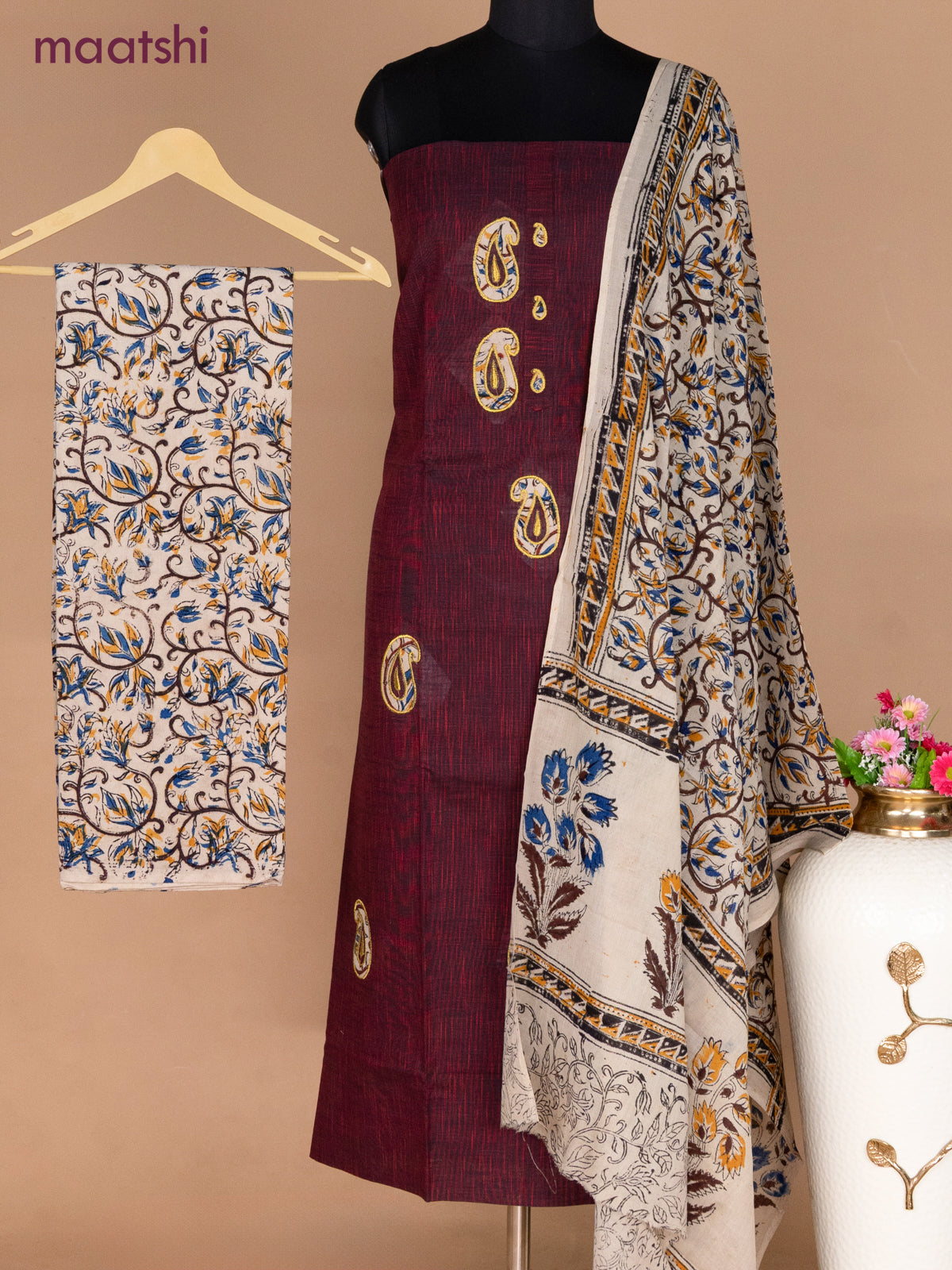 Cotton applique work dress materials dual shade of maroon and beige with kalamkari patch work and kalamkari bottom & dupatta