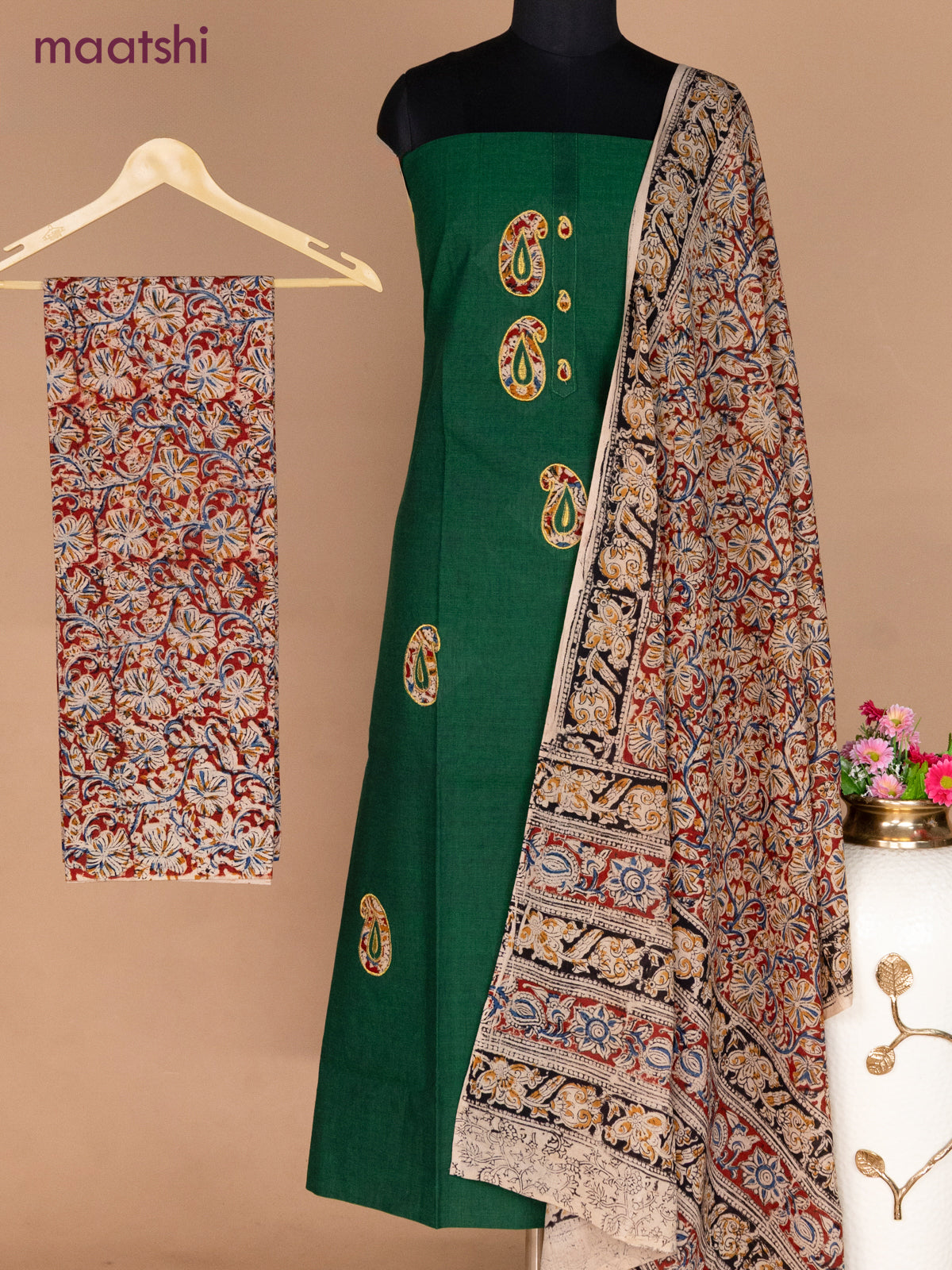 Cotton applique work dress materials green and maroon with kalamkari patch work and kalamkari bottom & dupatta