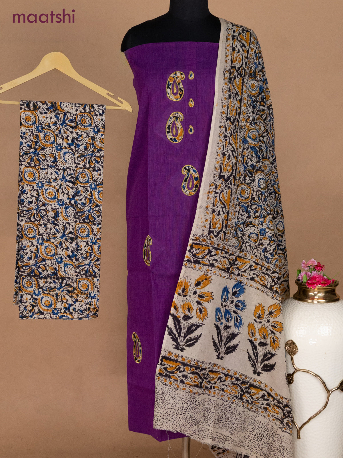 Cotton applique work dress materials purple and black beige with kalamkari patch work and kalamkari bottom & dupatta