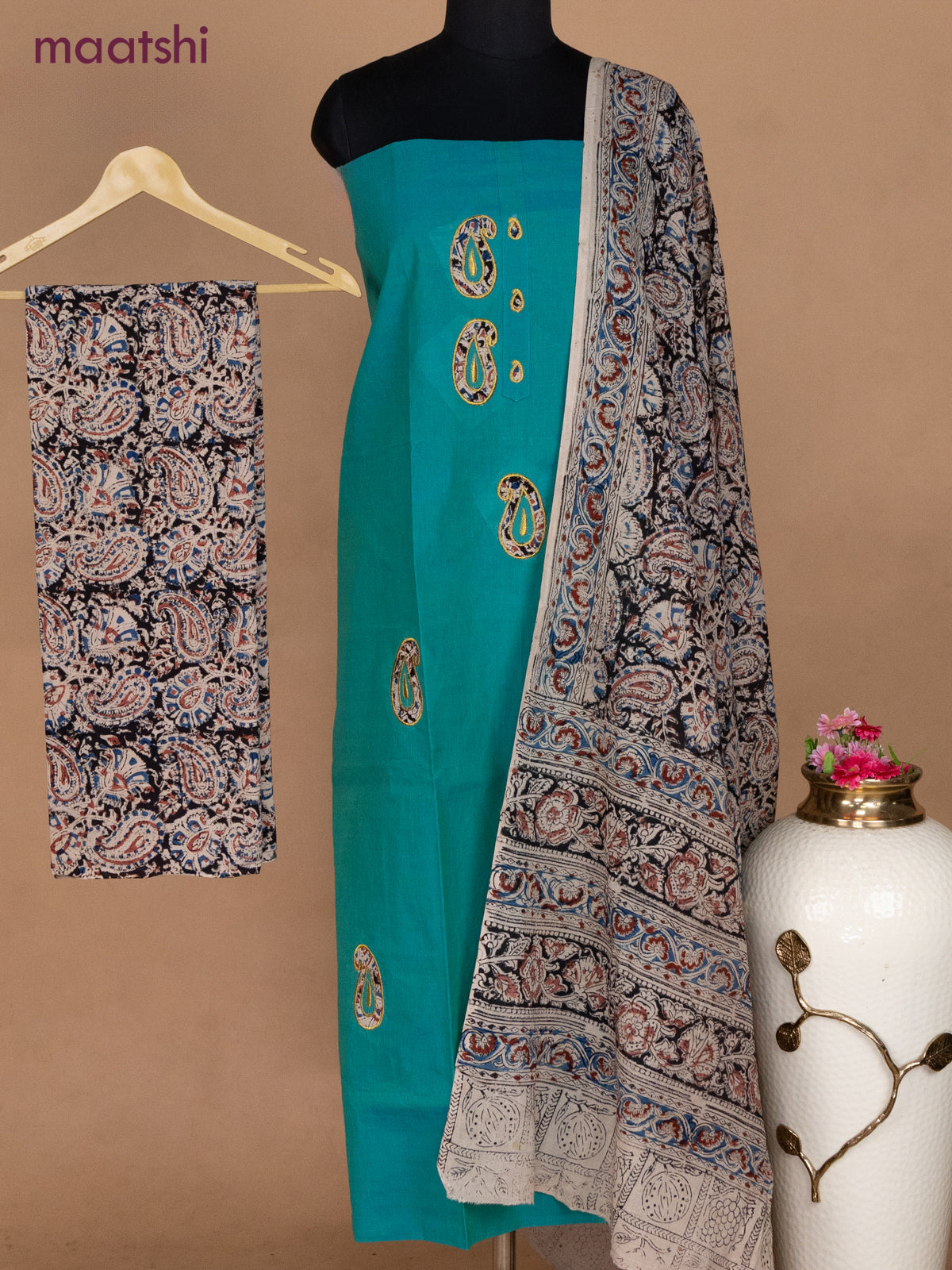 Cotton applique work dress materials teal bluish green and black beige with kalamkari patch work and kalamkari bottom & dupatta
