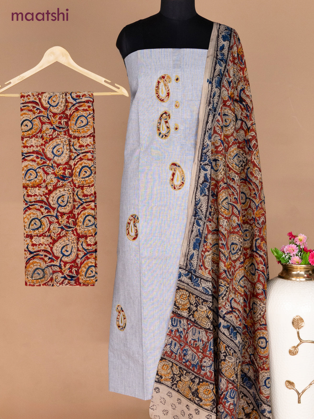 Cotton applique work dress materials grey shade and maroon with kalamkari patch work and kalamkari bottom & dupatta