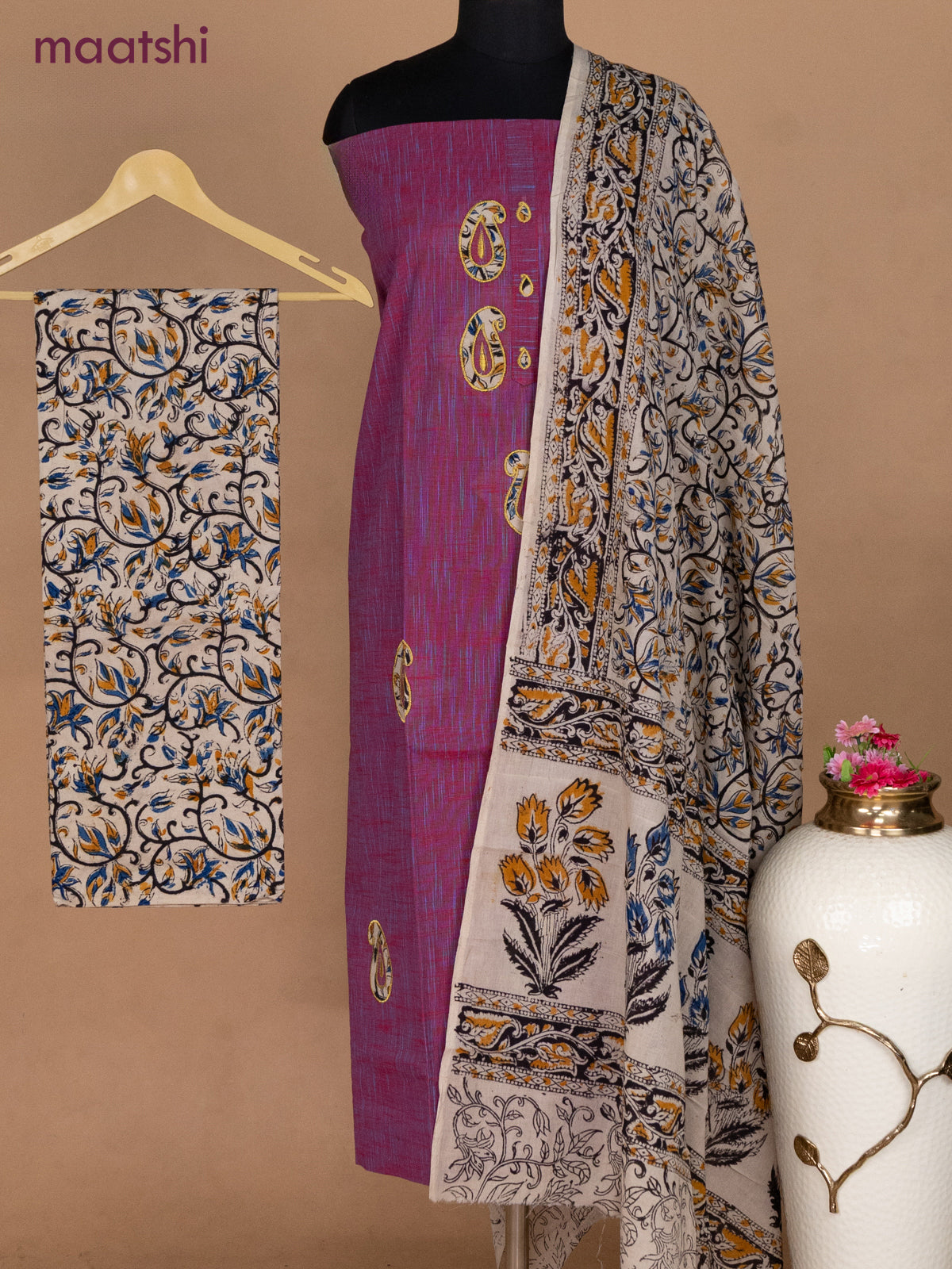 Cotton applique work dress materials dual shade of maroon and beige with kalamkari patch work and kalamkari bottom & dupatta
