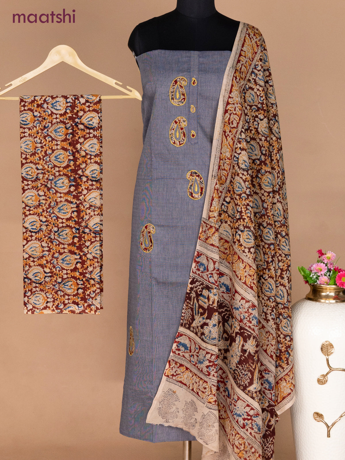 Cotton applique work dress materials dual shade of grey and deep maroon with kalamkari patch work and kalamkari bottom & dupatta