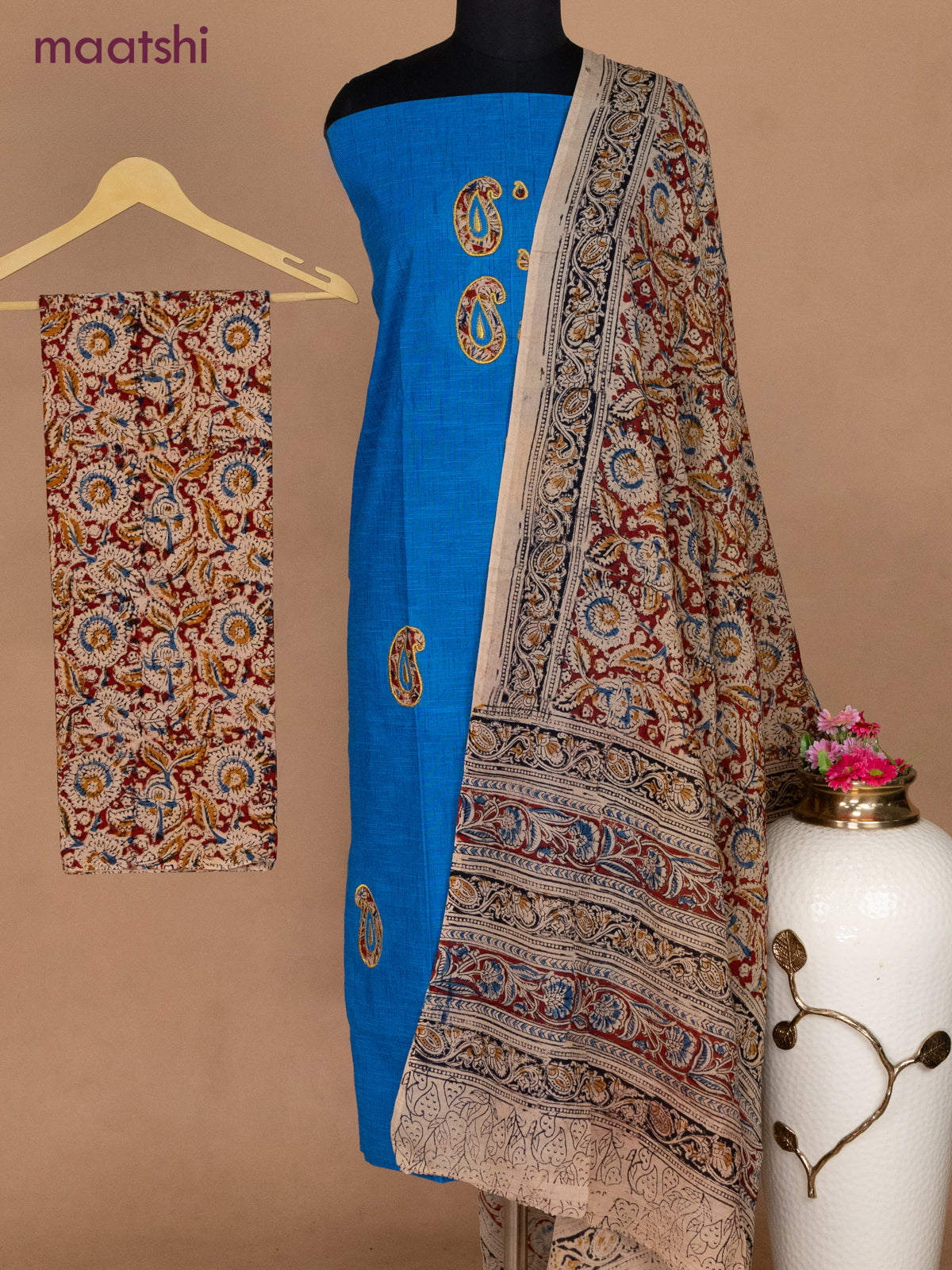 Cotton applique work dress materials cs blue and maroon beige with kalamkari patch work and kalamkari bottom & dupatta