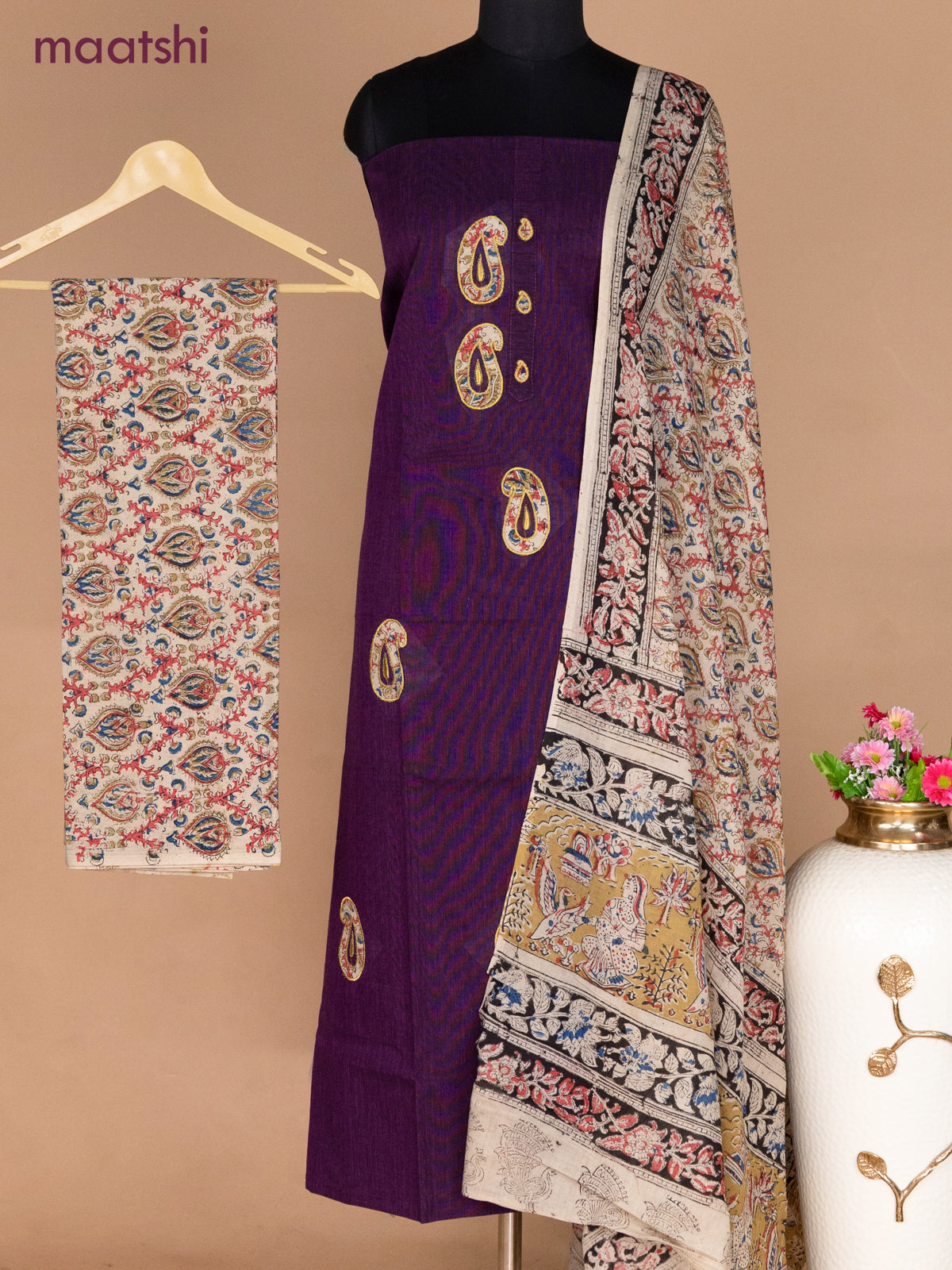 Cotton applique work dress materials deep violet and beige with kalamkari patch work and kalamkari bottom & dupatta