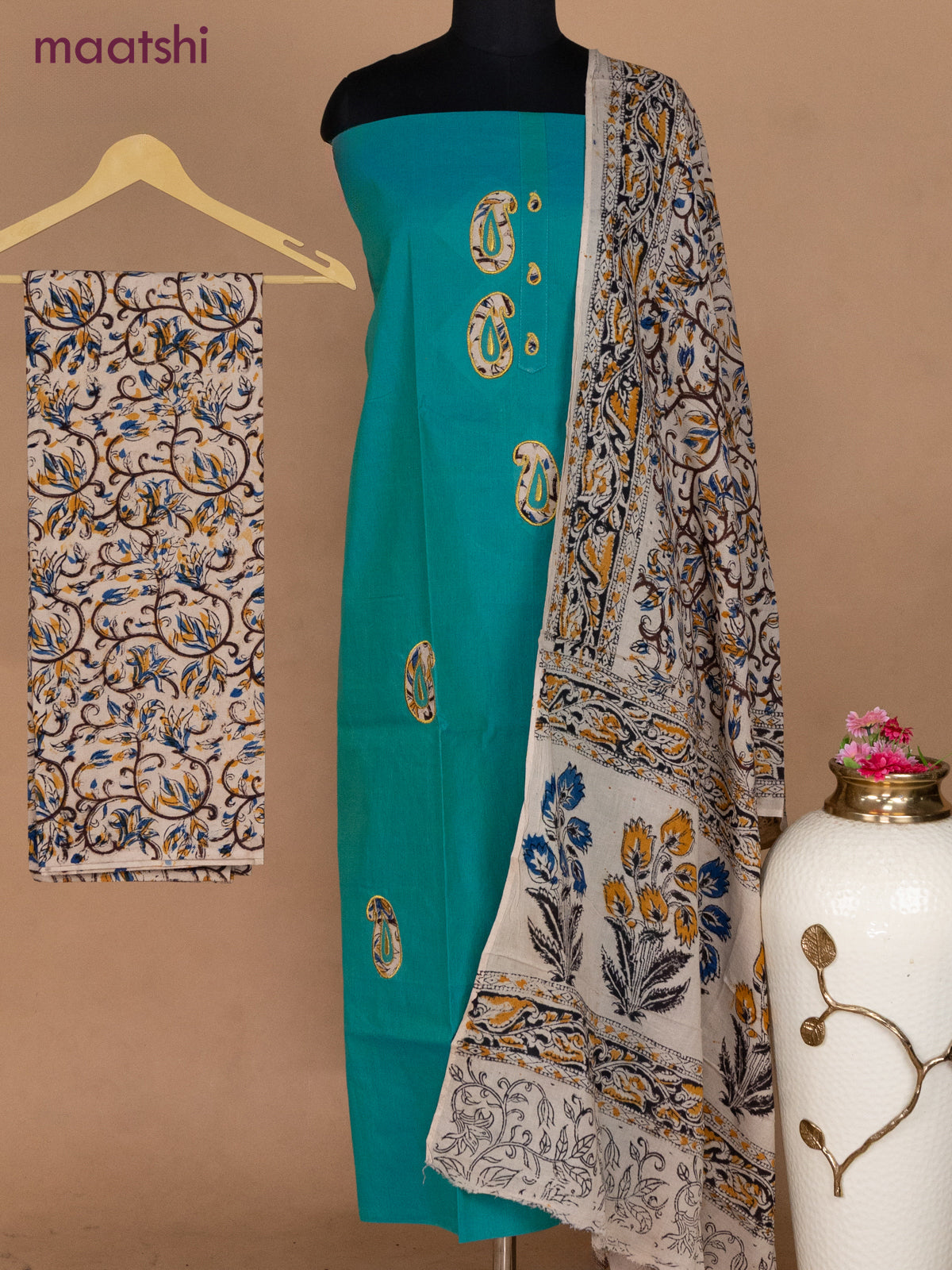 Cotton applique work dress materials teal bluish green and beige with kalamkari patch work and kalamkari bottom & dupatta