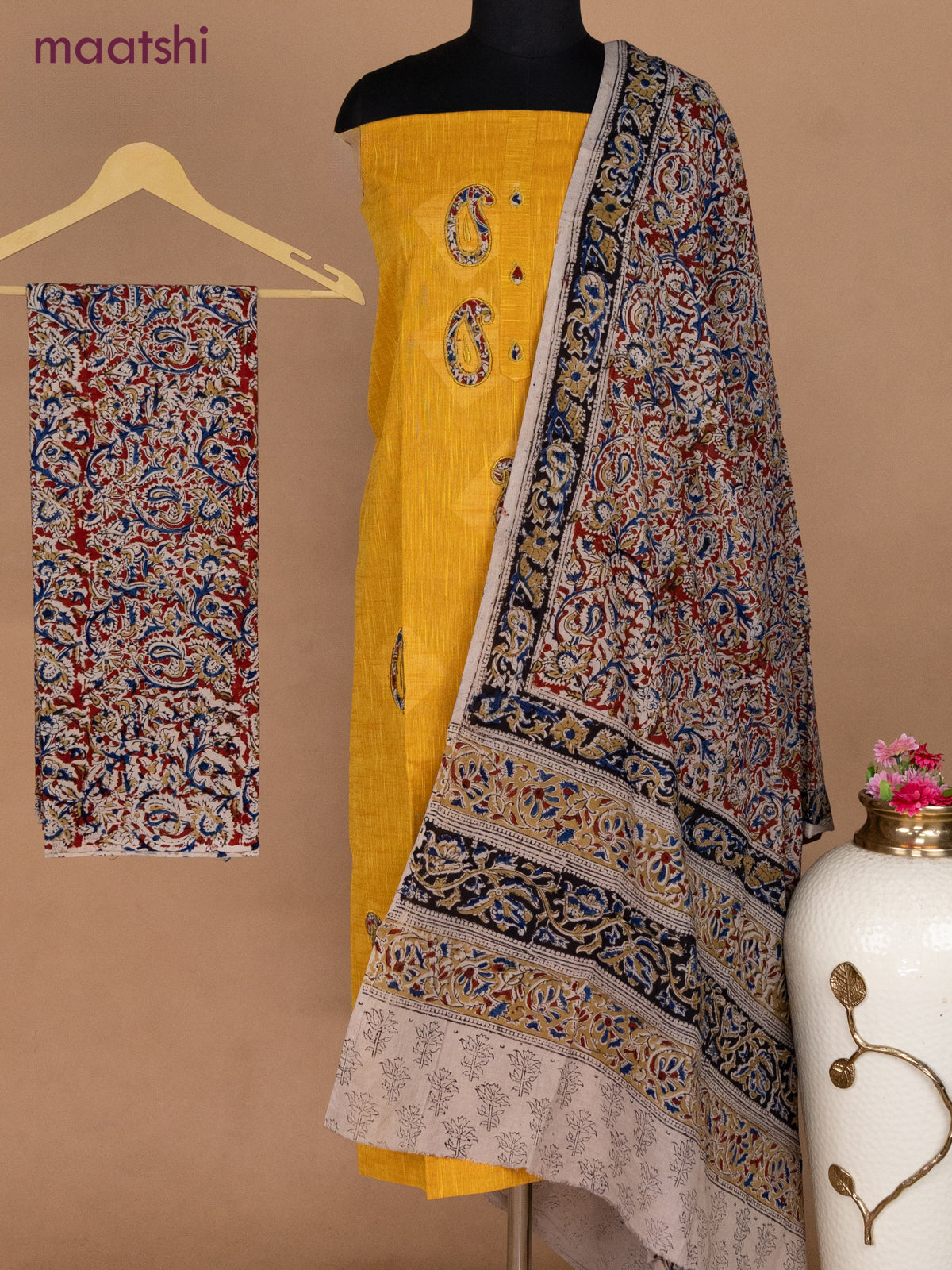 Cotton applique work dress materials mango yellow and maroon with kalamkari patch work and kalamkari bottom & dupatta