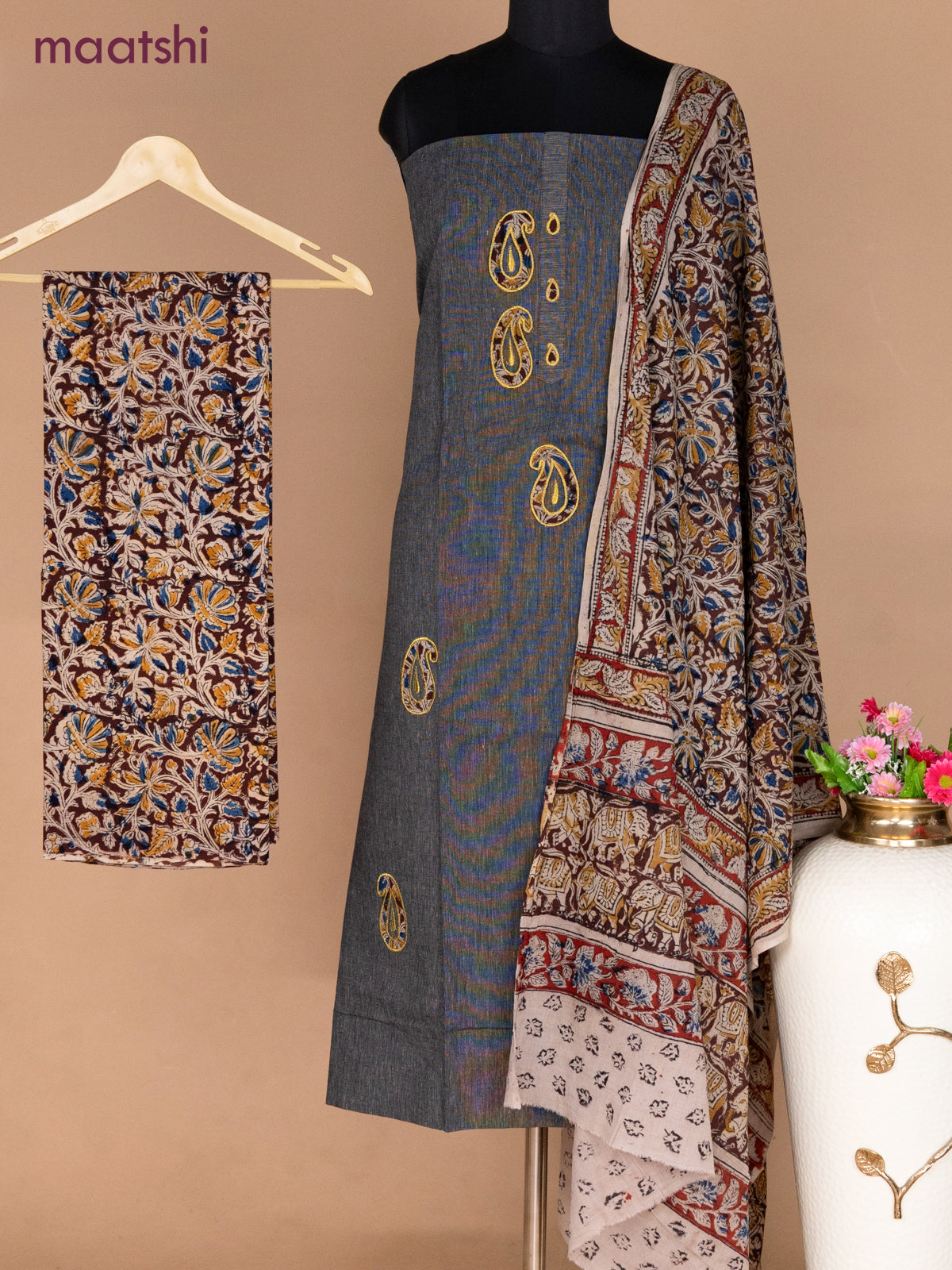 Cotton applique work dress materials dark grey and deep maroon with kalamkari patch work and kalamkari bottom & dupatta