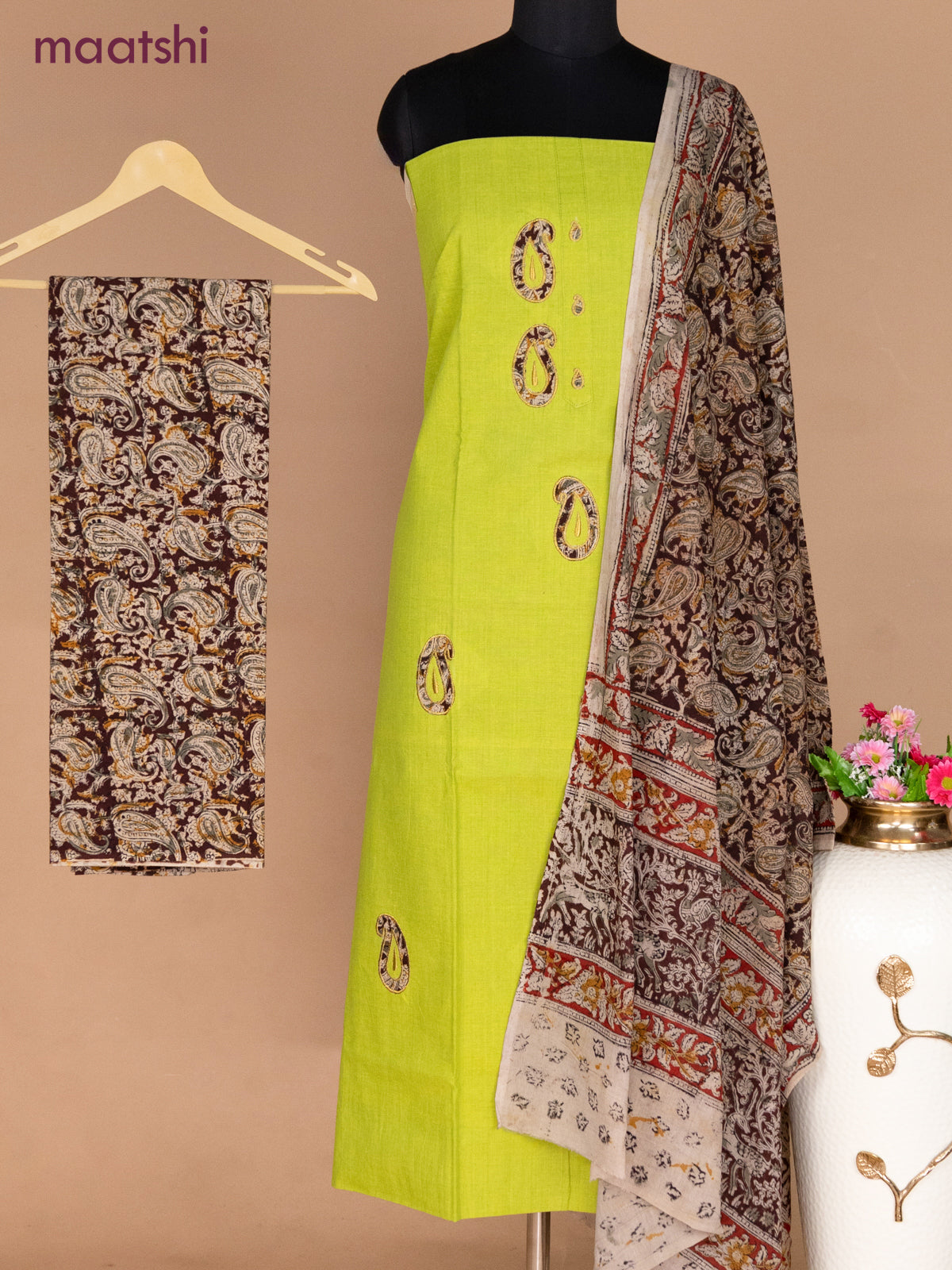 Cotton applique work dress materials fluorescent green and coffee brown with kalamkari patch work and kalamkari bottom & dupatta