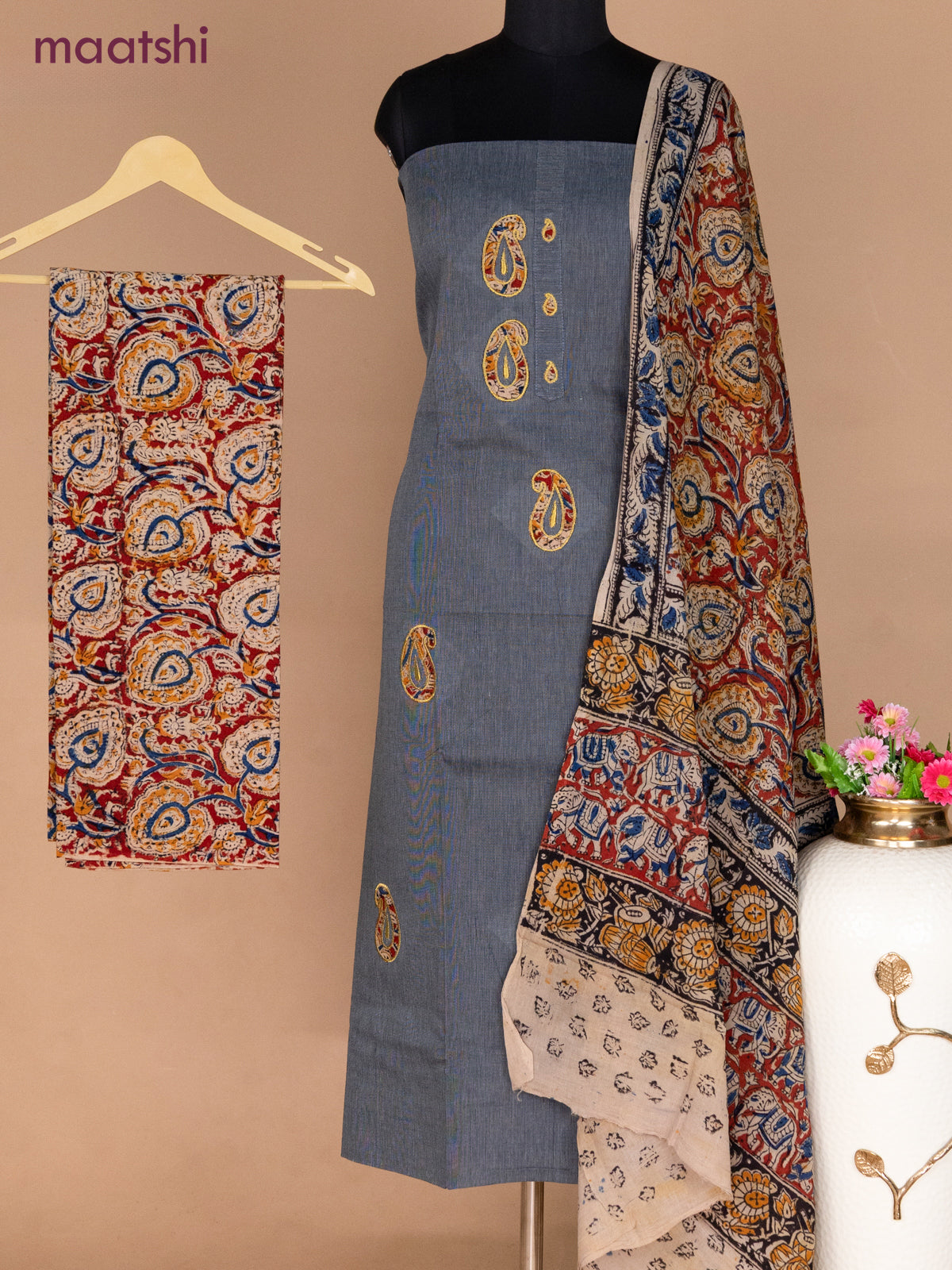 Cotton applique work dress materials dark grey and maroon beige with kalamkari patch work and kalamkari bottom & dupatta
