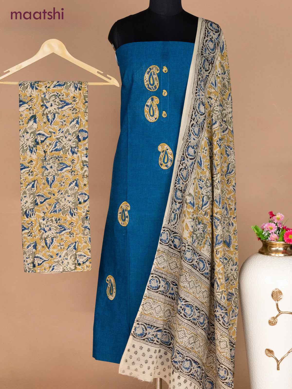 Cotton applique work dress materials peacock blue and beige sandal with kalamkari patch work and kalamkari bottom & dupatta