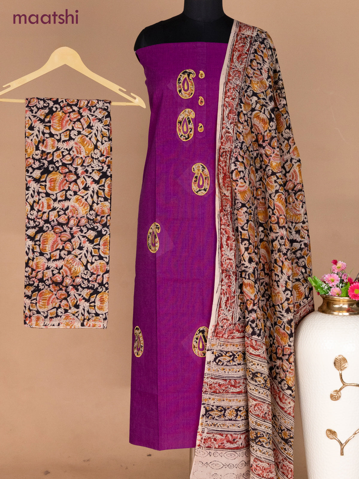 Cotton applique work dress materials purple and black beige with kalamkari patch work and kalamkari bottom & dupatta