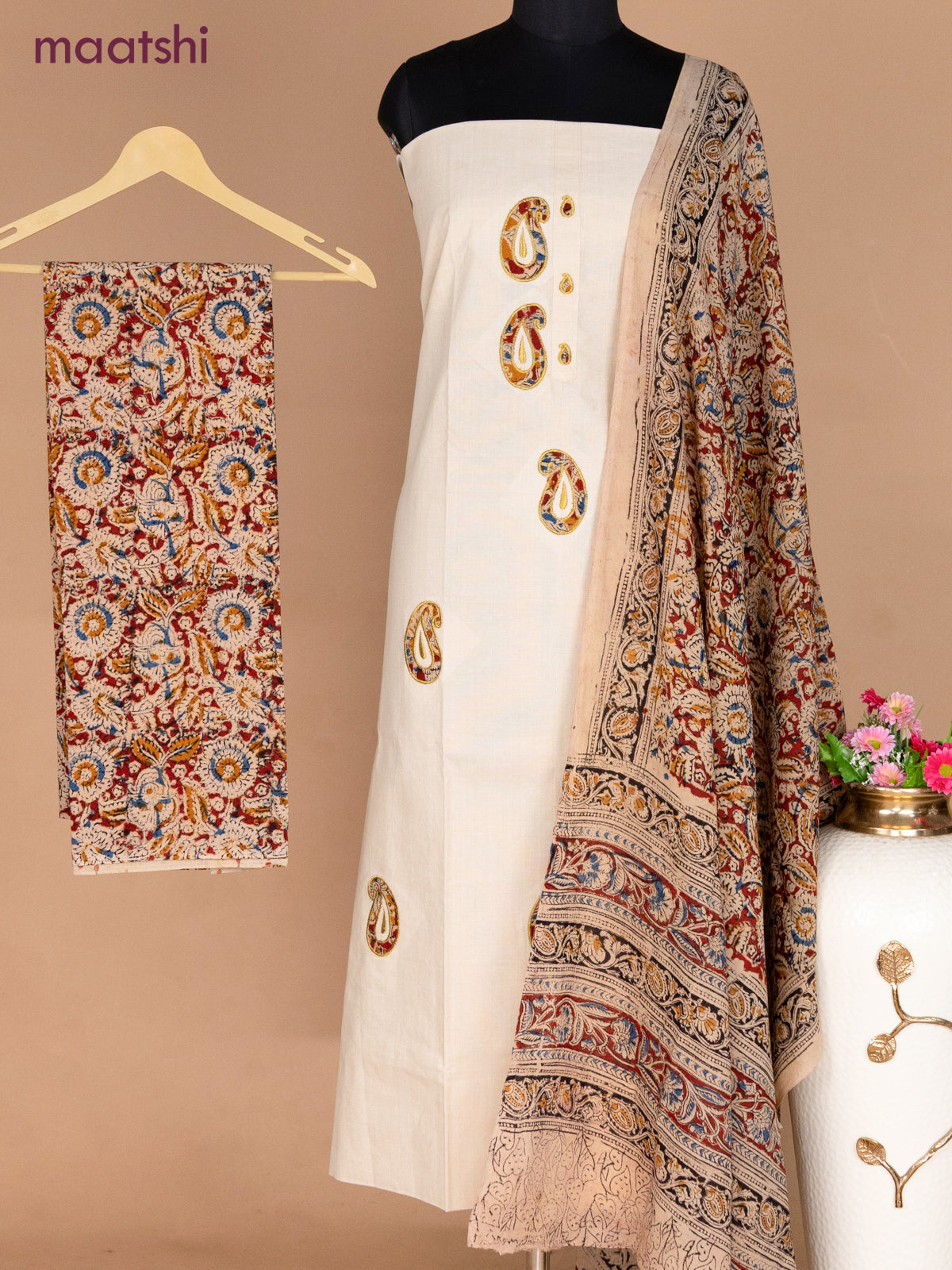 Cotton applique work dress materials cream and maroon with kalamkari patch work and kalamkari bottom & dupatta