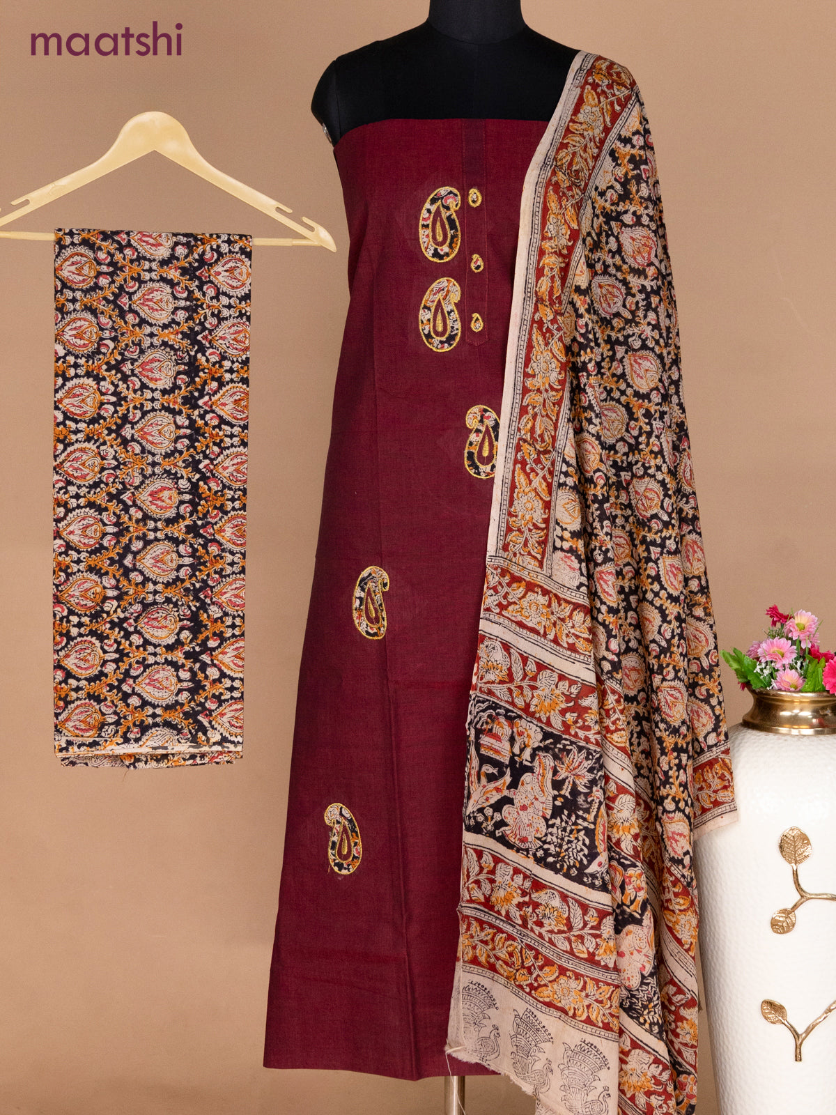 Cotton applique work dress materials maroon and black with kalamkari patch work and kalamkari bottom & dupatta