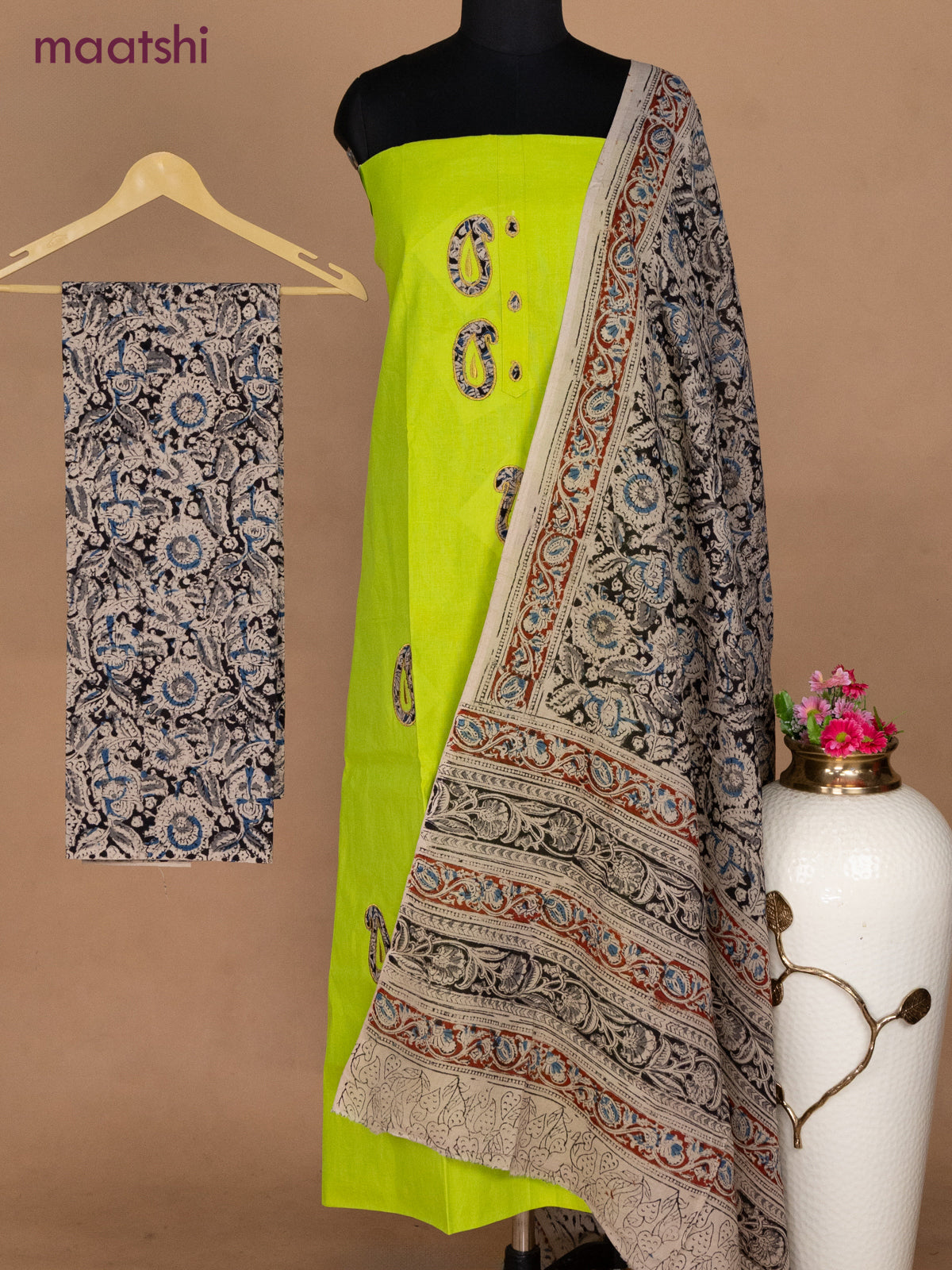 Cotton applique work dress materials fluorescent green and beige black with kalamkari patch work and kalamkari bottom & dupatta