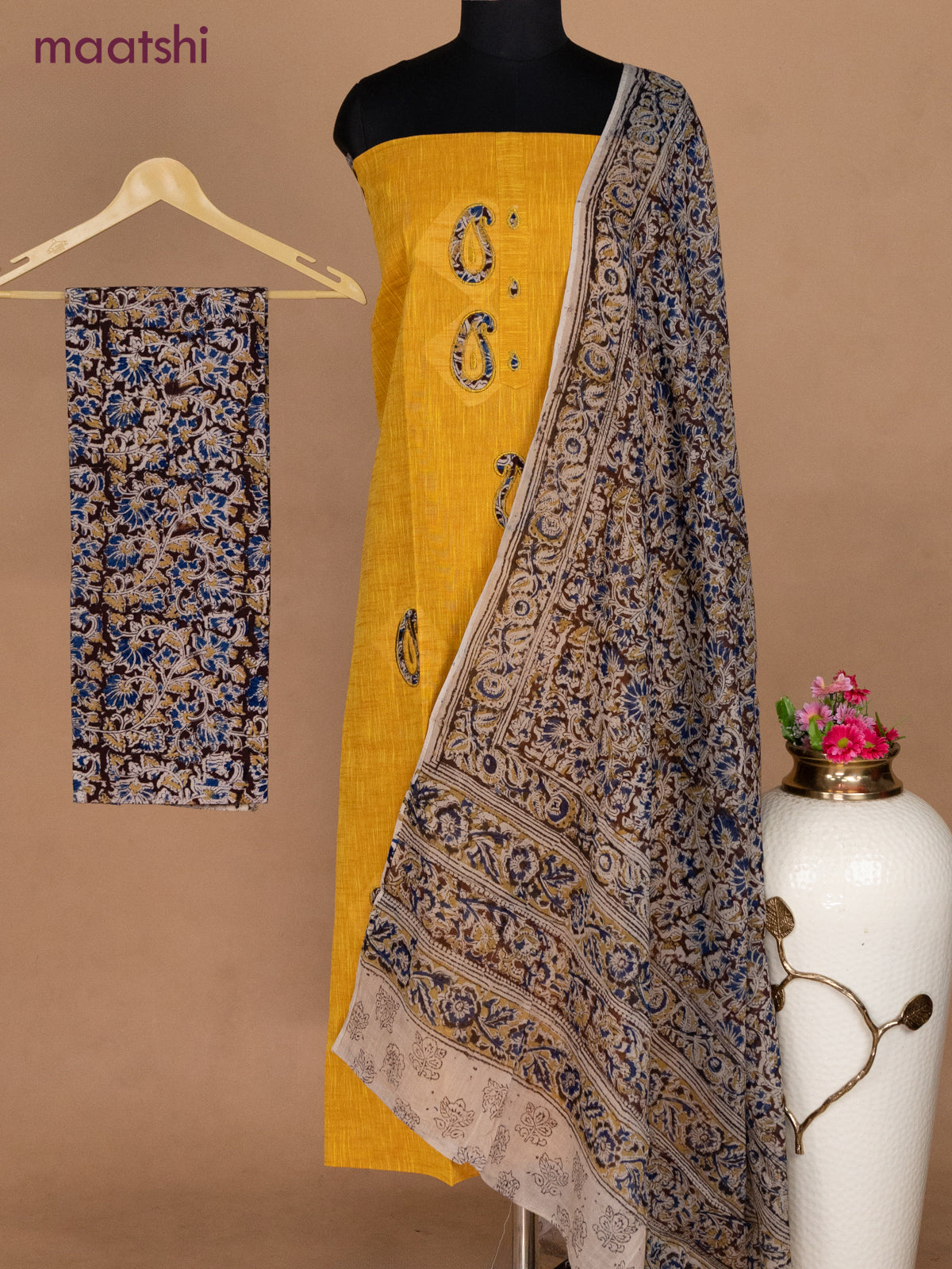 Cotton applique work dress materials mango yellow and deep maroon beige with kalamkari patch work and kalamkari bottom & dupatta