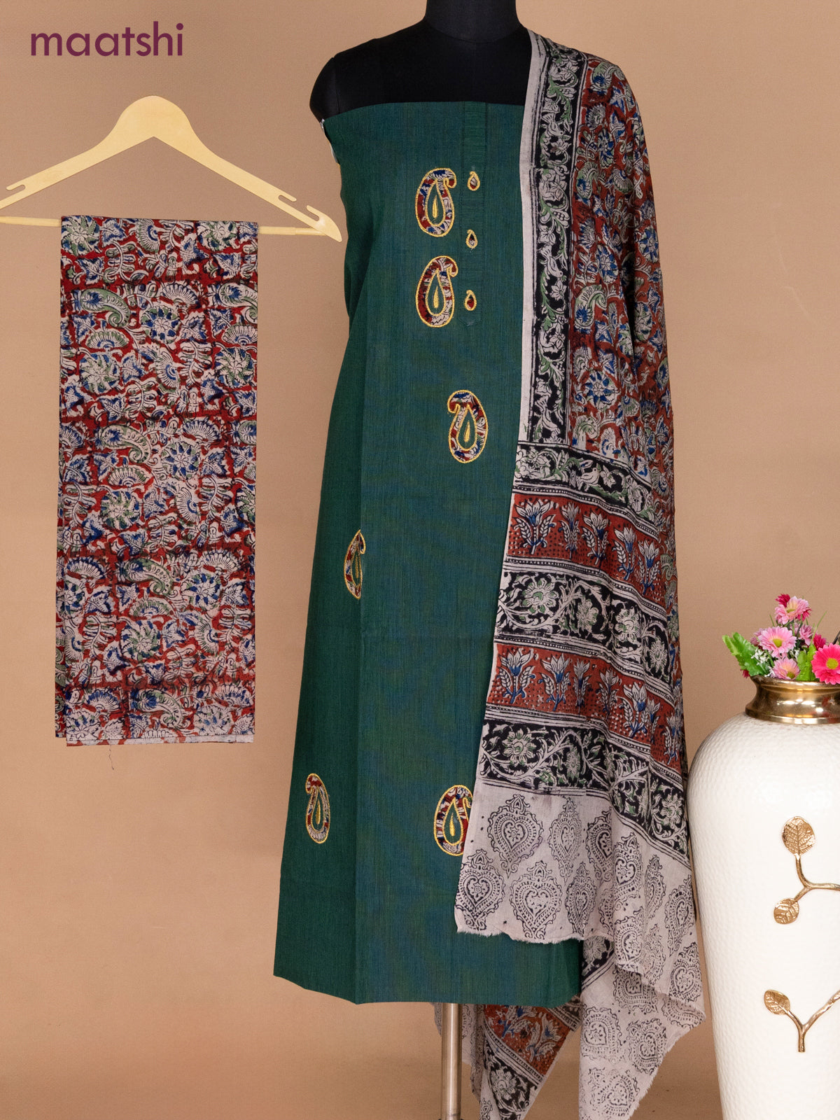 Cotton applique work dress materials dark green and maroon with kalamkari patch work and kalamkari bottom & dupatta