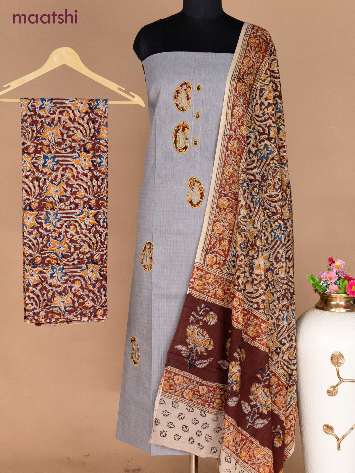 Cotton applique work dress materials grey shade and deep maroon with kalamkari patch work and kalamkari bottom & dupatta