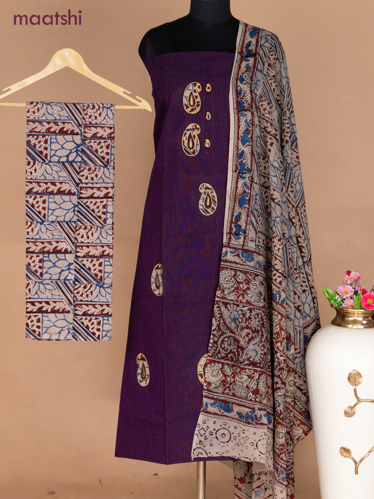 Cotton applique work dress materials violet and beige with kalamkari patch work and kalamkari bottom & dupatta