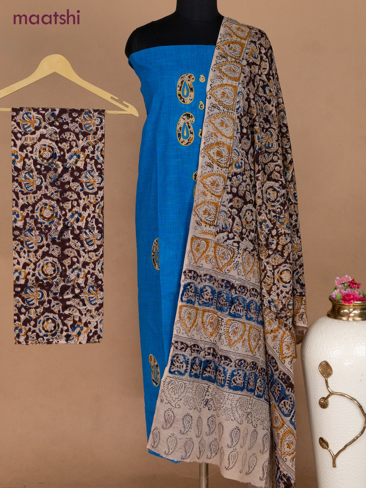 Cotton applique work dress materials cs blue and coffee brown with kalamkari patch work and kalamkari bottom & dupatta
