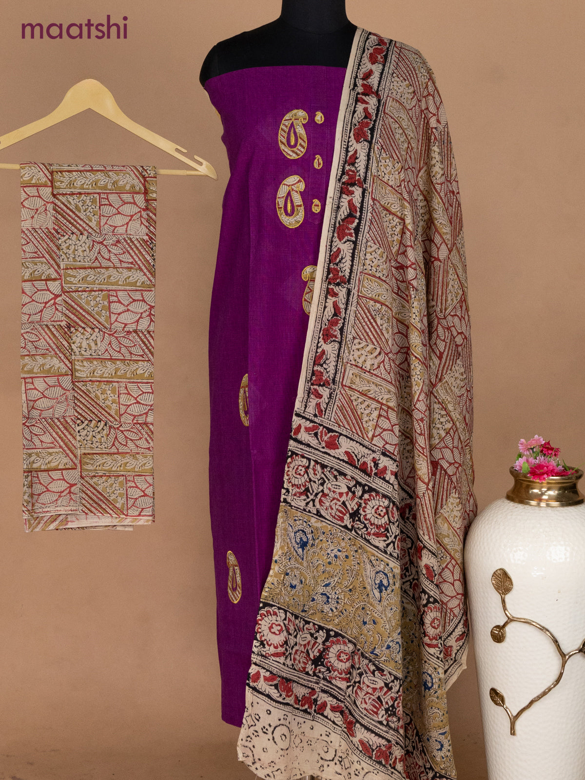 Cotton applique work dress materials purple and beige with kalamkari patch work and kalamkari bottom & dupatta