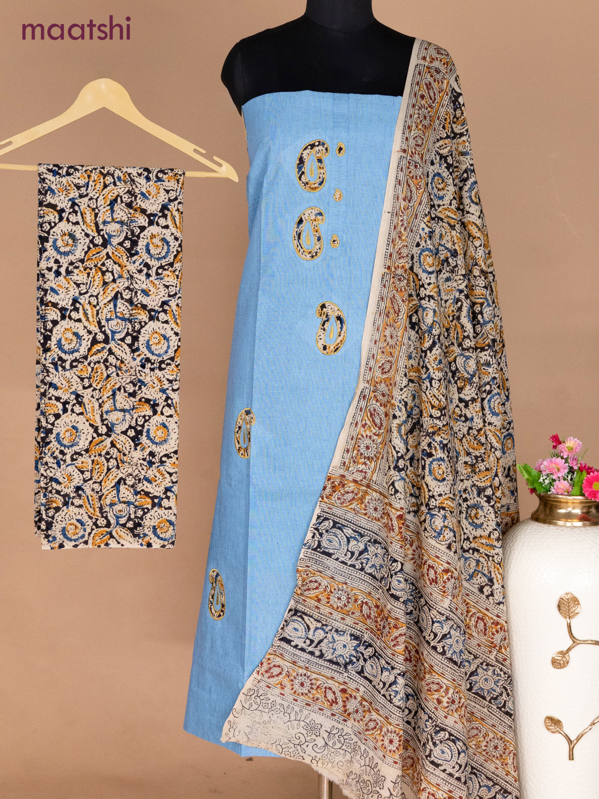 Cotton applique work dress materials light blue and beige black with kalamkari patch work and kalamkari bottom & dupatta