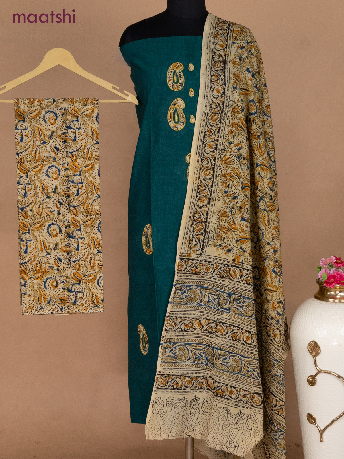 Cotton applique work dress materials green shade and beige sandal with kalamkari patch work and kalamkari bottom & dupatta