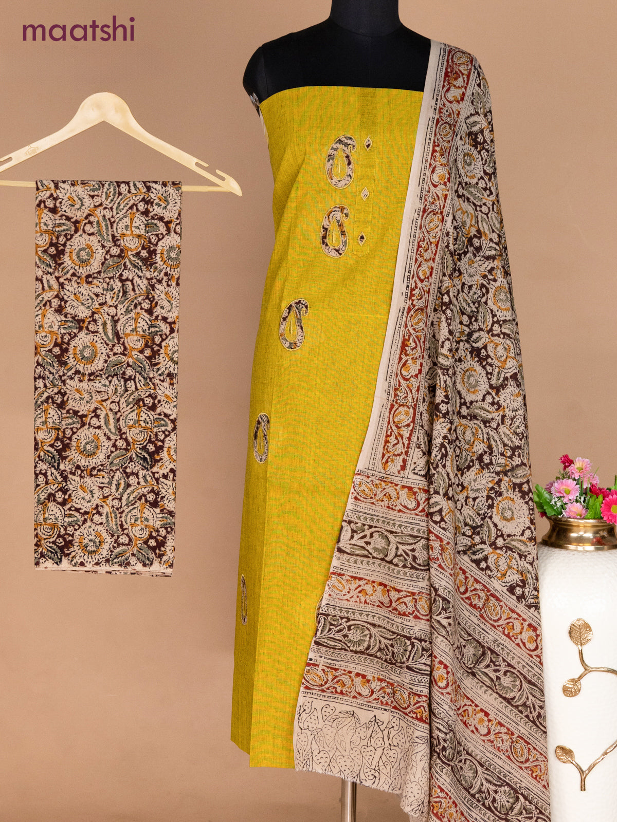 Cotton applique work dress materials mustard yellow and deep maroon beige with kalamkari patch work and kalamkari bottom & dupatta