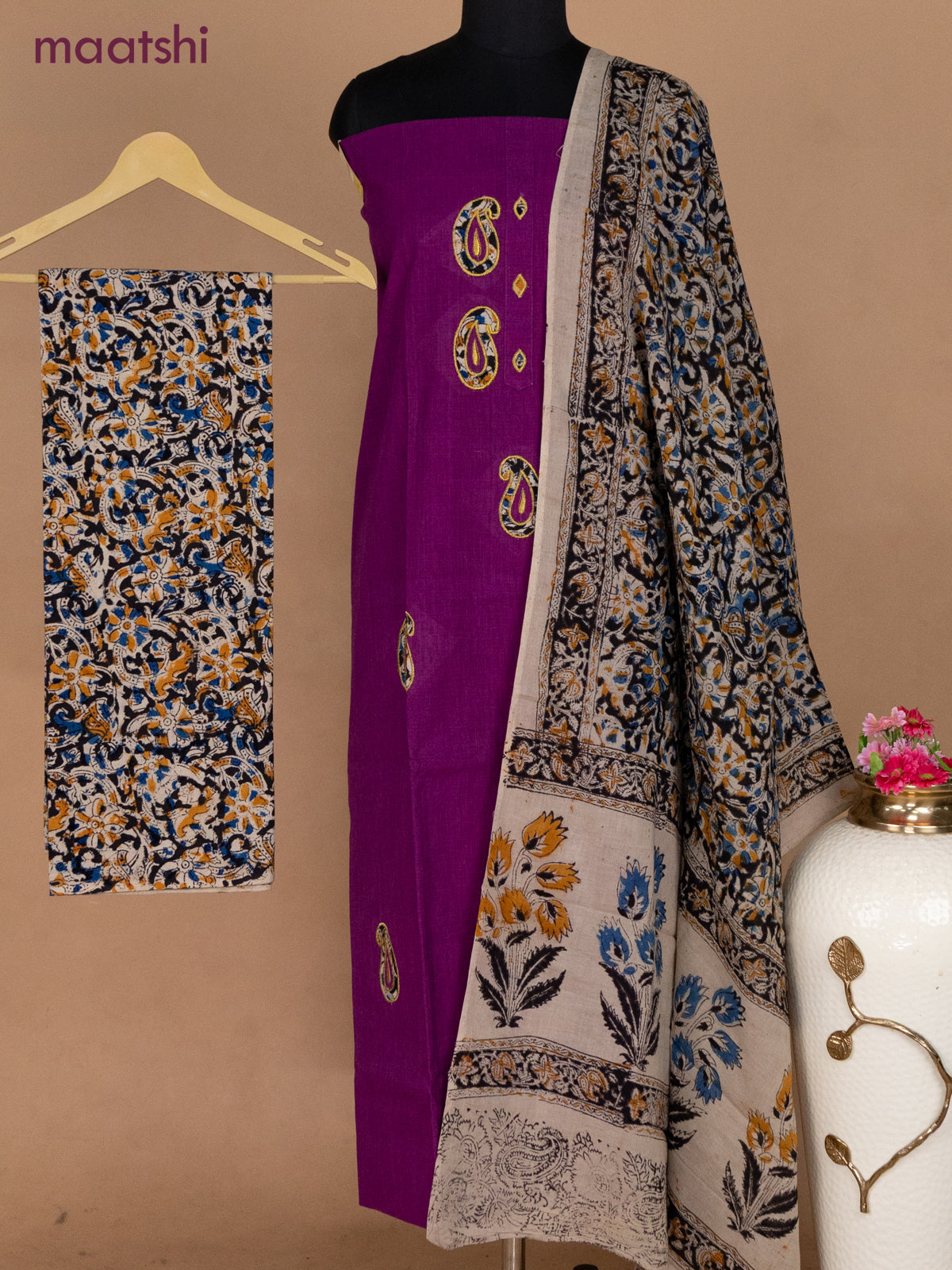 Cotton applique work dress materials purple and black beige with kalamkari patch work and kalamkari bottom & dupatta