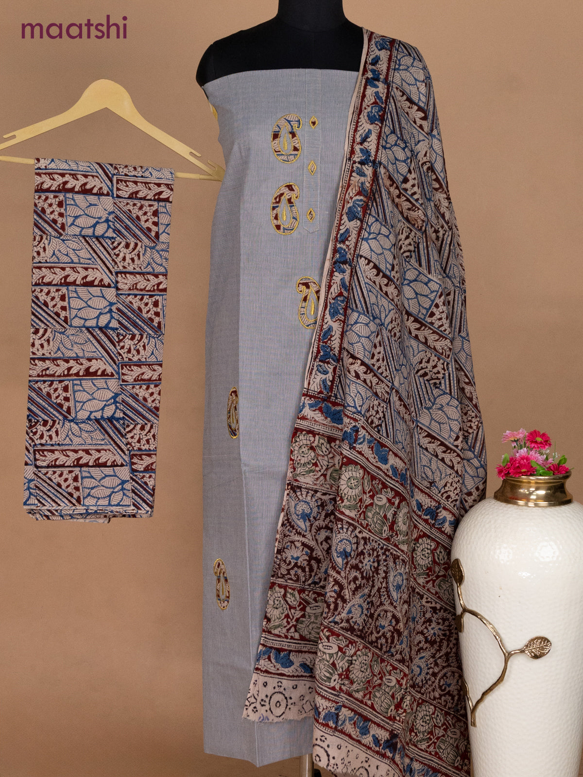 Cotton applique work dress materials grey shade and beige maroon with kalamkari patch work and kalamkari bottom & dupatta