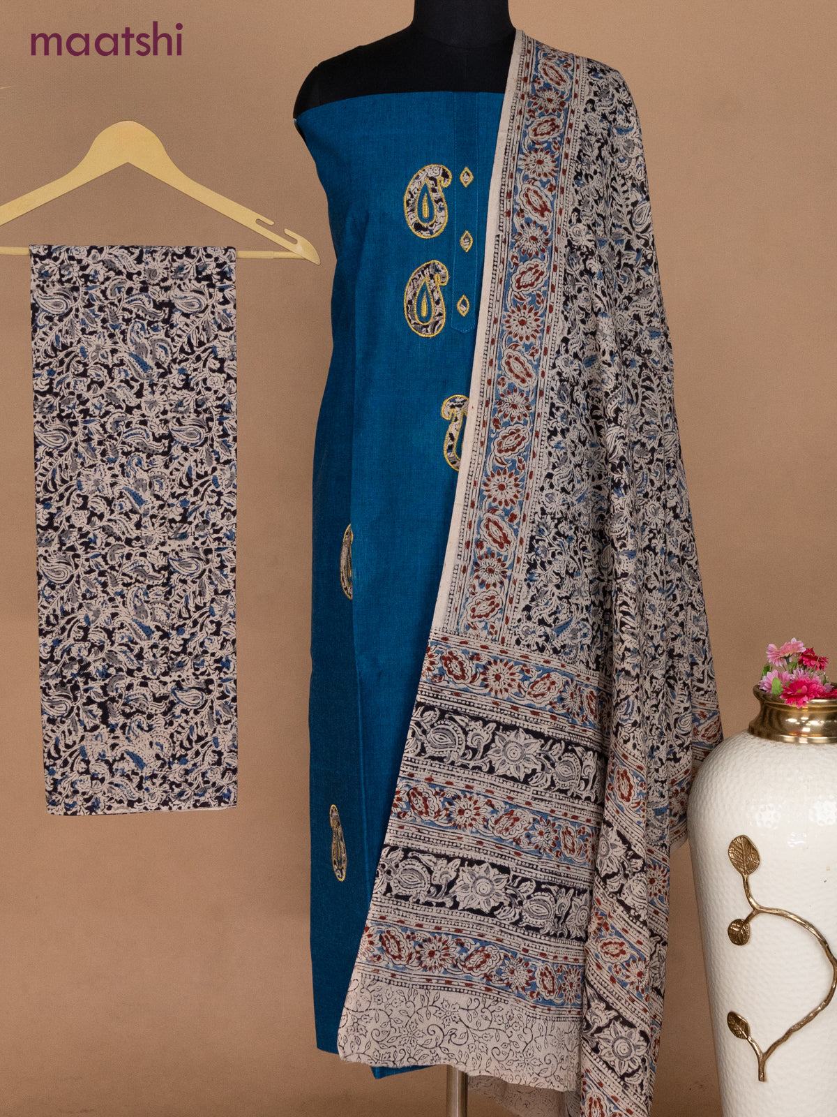 Cotton applique work dress materials cs blue and black beige with kalamkari patch work and kalamkari bottom & dupatta