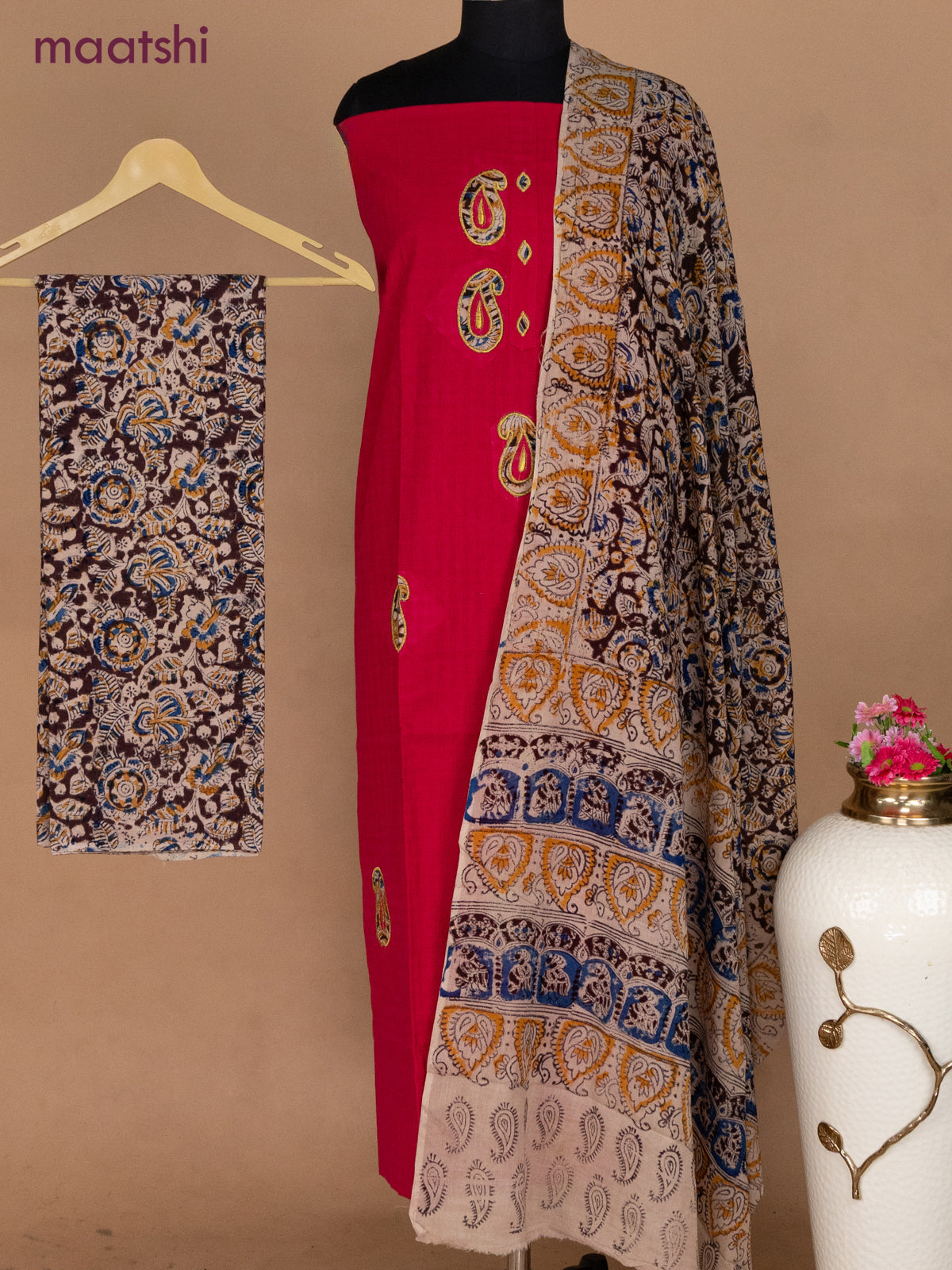 Cotton applique work dress materials pink and deep maroon beige with kalamkari patch work and kalamkari bottom & dupatta