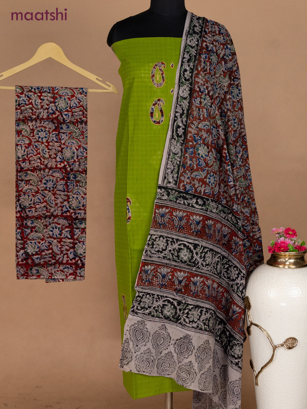 Cotton applique work dress materials green shade and maroon with kalamkari patch work and kalamkari bottom & dupatta
