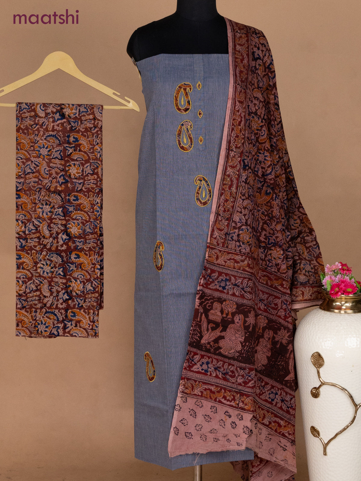 Cotton applique work dress materials bluish grey and deep maroon with kalamkari patch work and kalamkari bottom & dupatta
