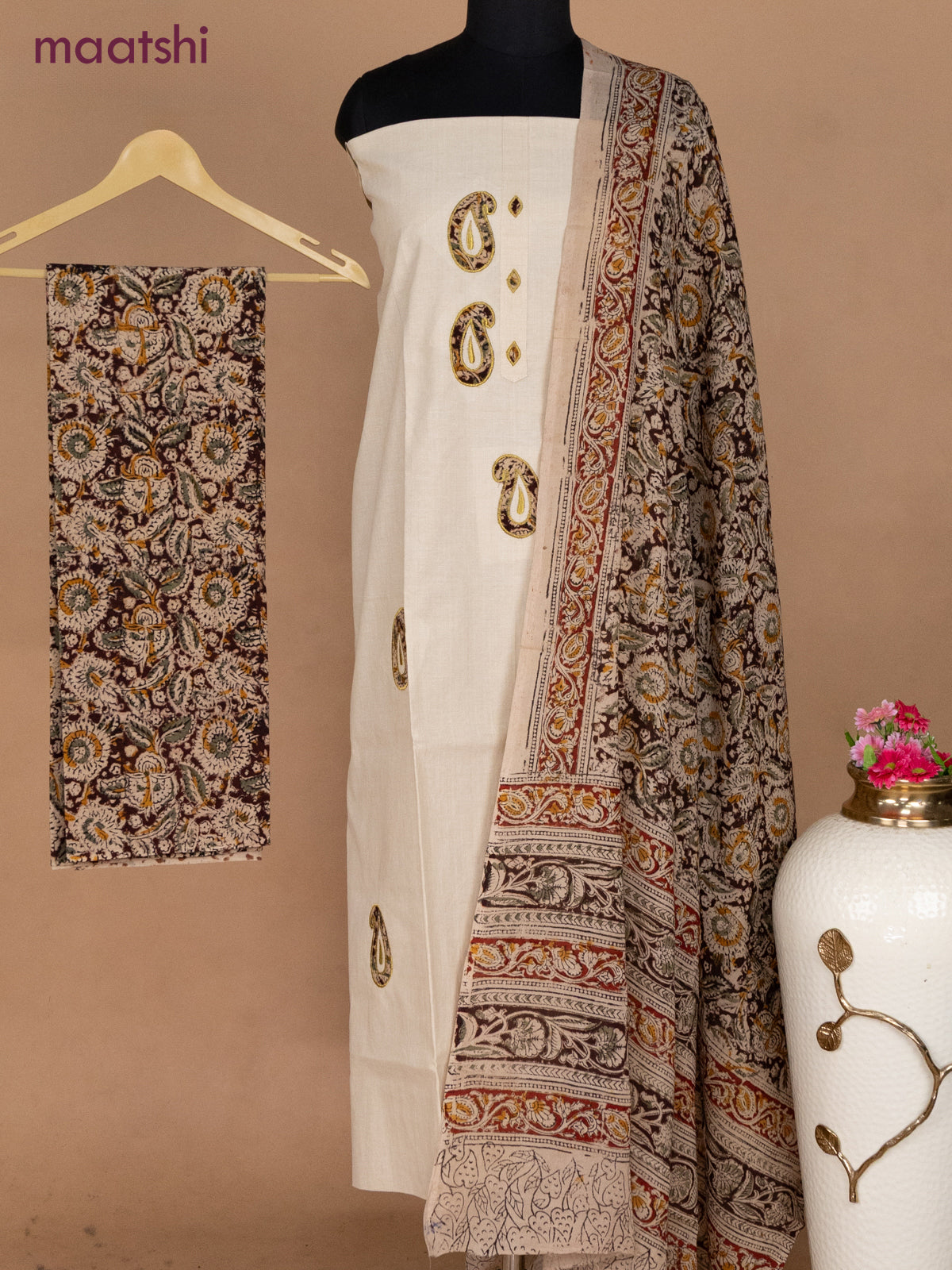 Cotton applique work dress materials cream and deep maroon beige with kalamkari patch work and kalamkari bottom & dupatta