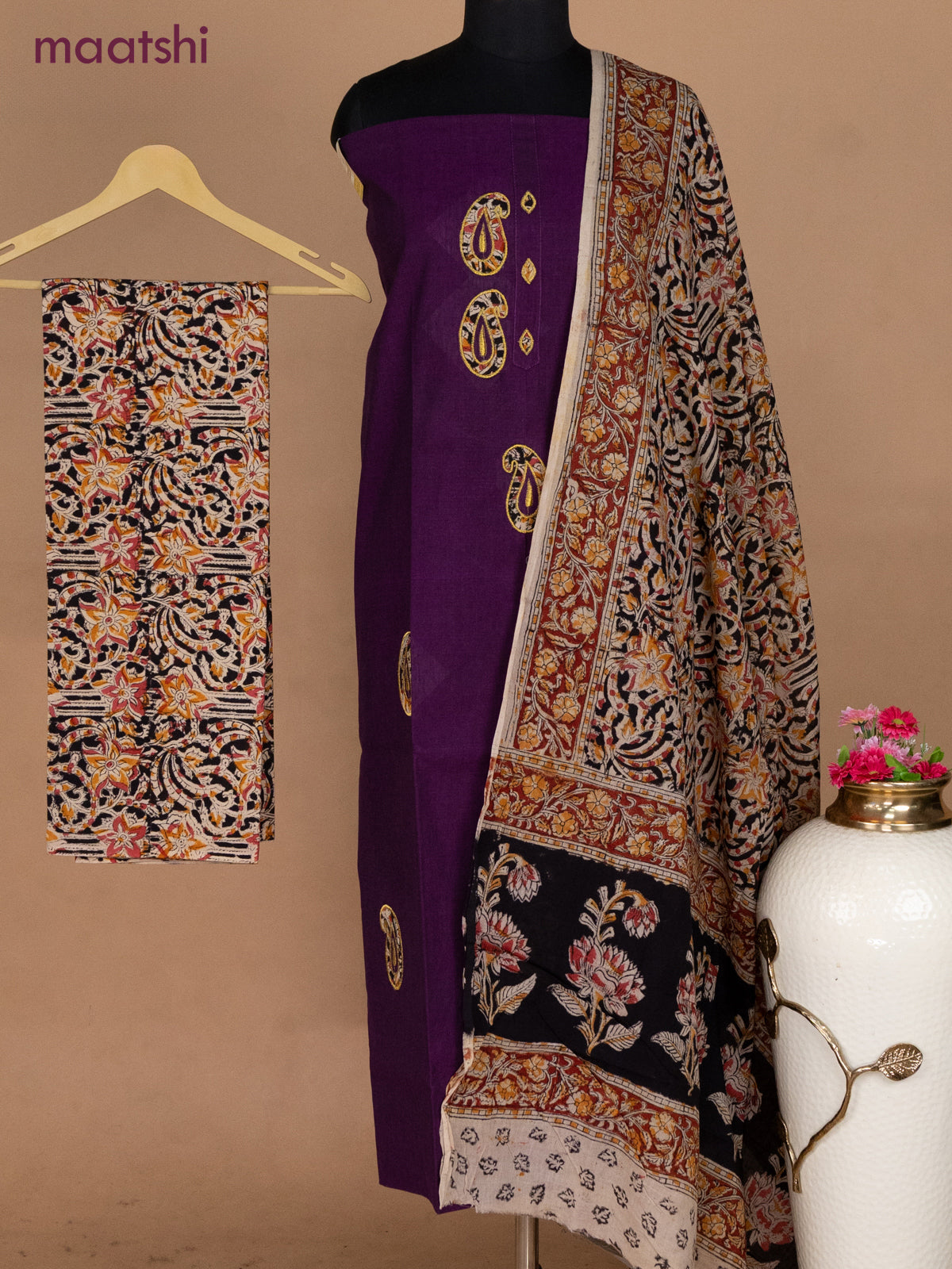 Cotton applique work dress materials deep purple and black beige with kalamkari patch work and kalamkari bottom & dupatta