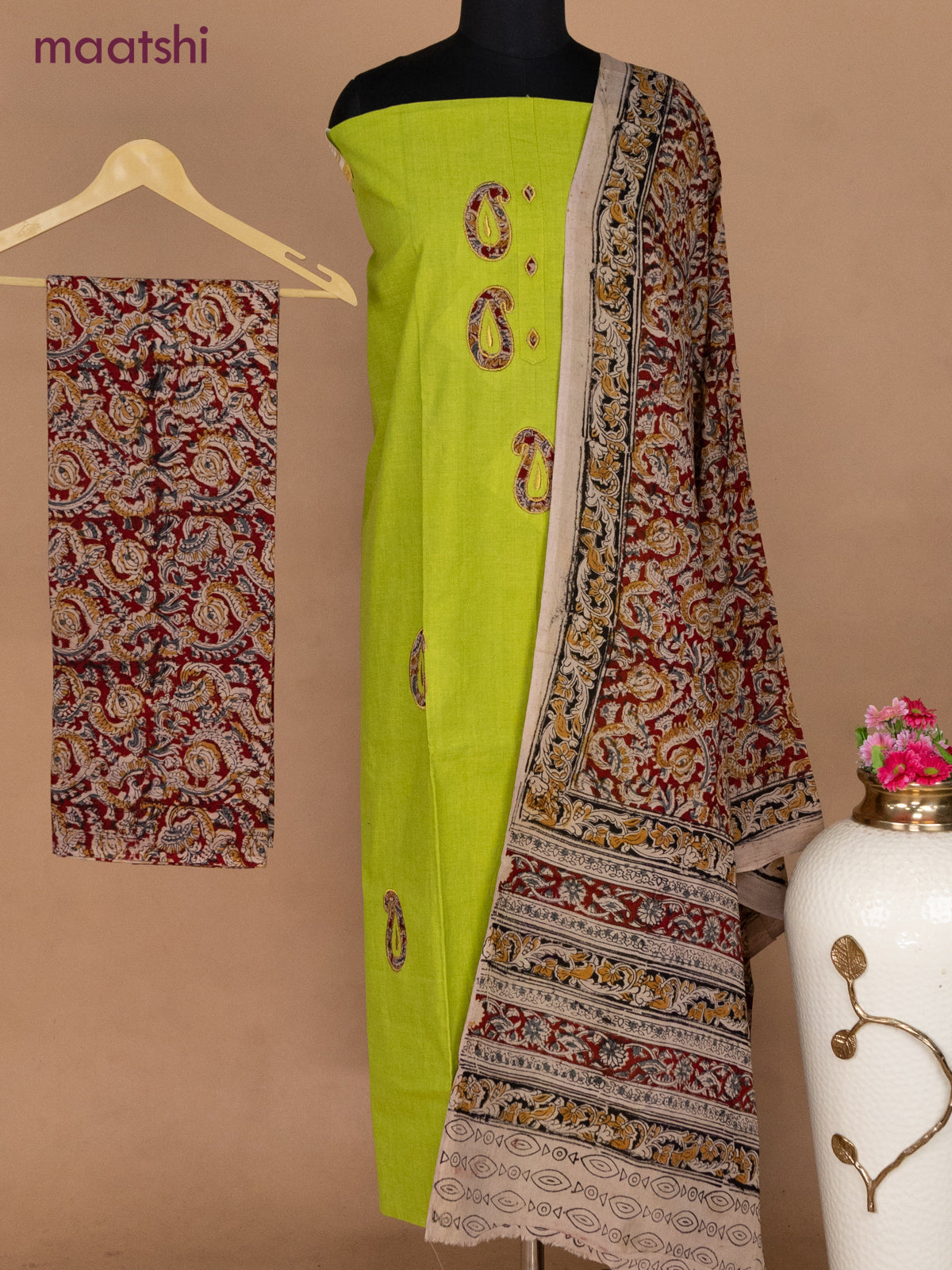 Cotton applique work dress materials light green and maroon with kalamkari patch work and kalamkari bottom & dupatta