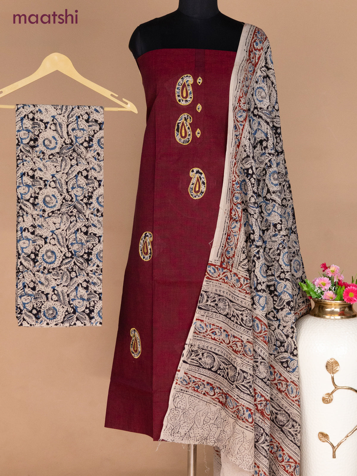 Cotton applique work dress materials maroon and black beige with kalamkari patch work and kalamkari bottom & dupatta