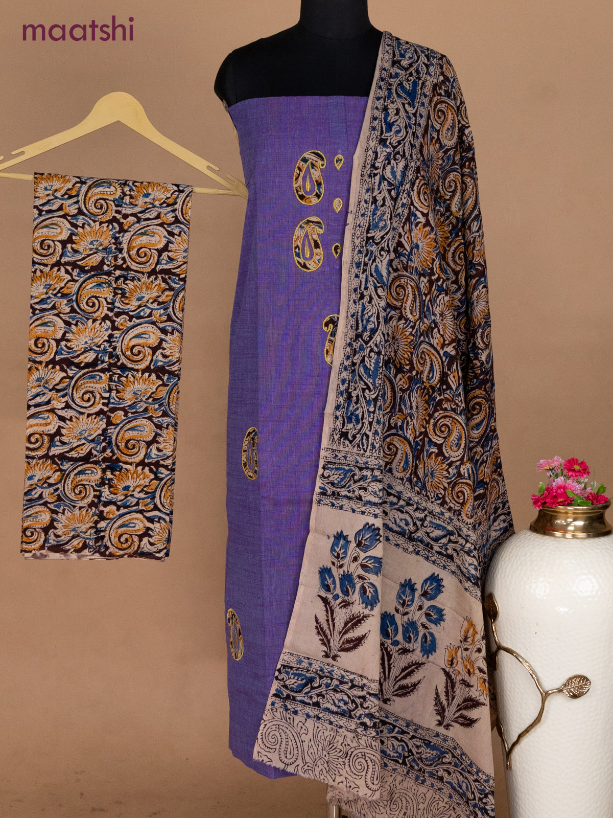 Cotton applique work dress materials dual shade of violet and coffee brown with kalamkari patch work and kalamkari bottom & dupatta