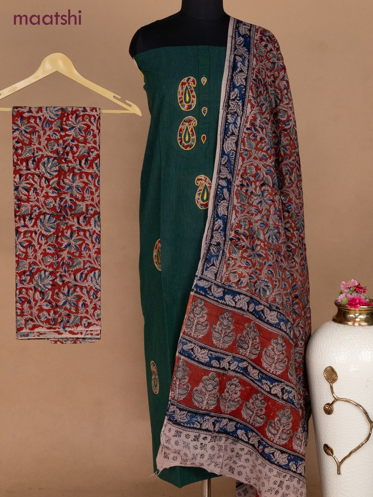 Cotton applique work dress materials green and maroon with kalamkari patch work and kalamkari bottom & dupatta