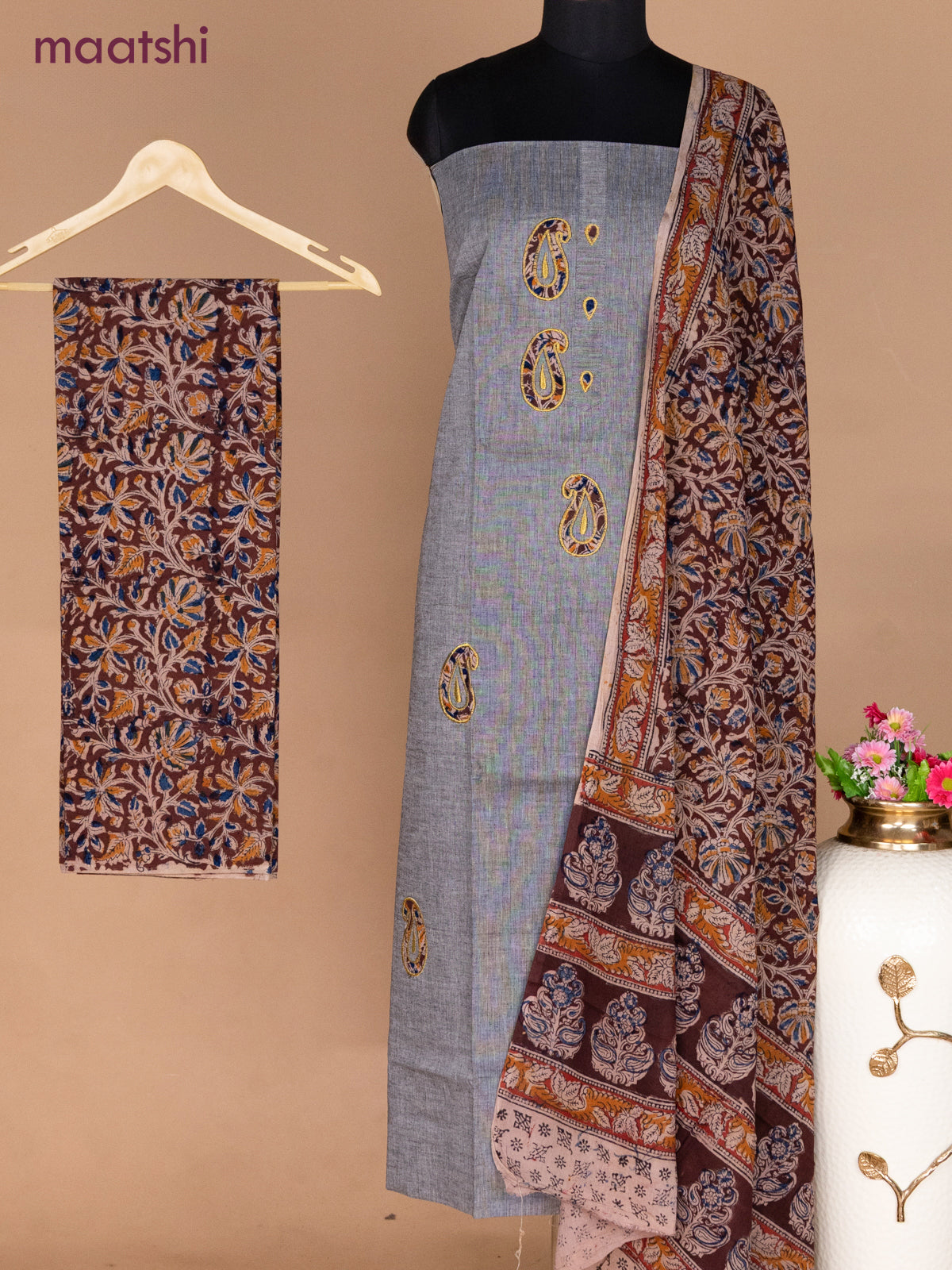 Cotton applique work dress materials dark grey and deep maroon with kalamkari patch work and kalamkari bottom & dupatta