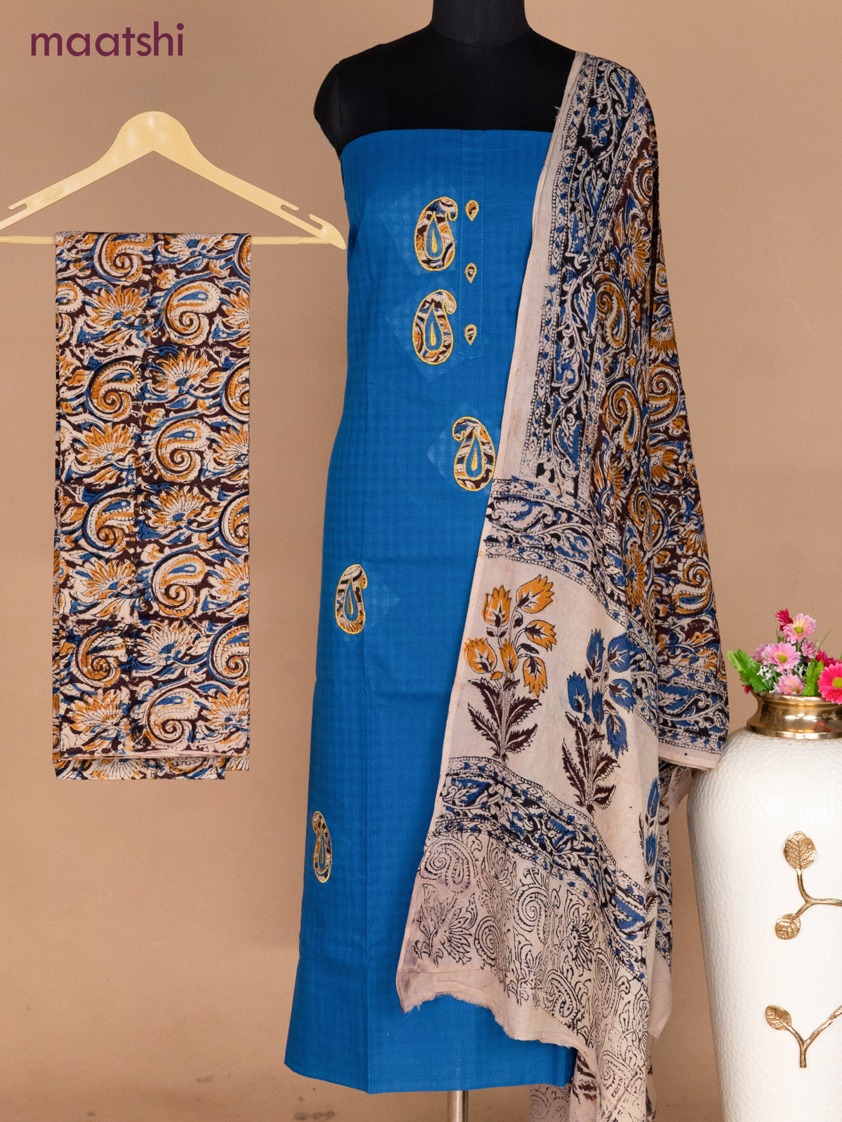 Cotton applique work dress materials cs blue and coffee brown beige with kalamkari patch work and kalamkari bottom & dupatta