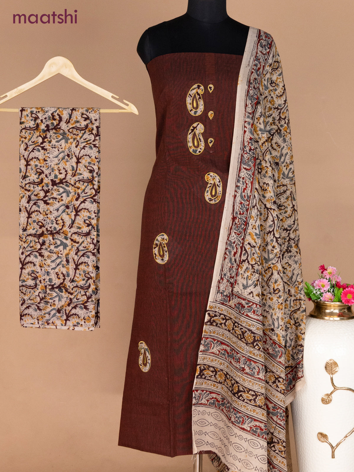 Cotton applique work dress materials brown and beige with kalamkari patch work and kalamkari bottom & dupatta