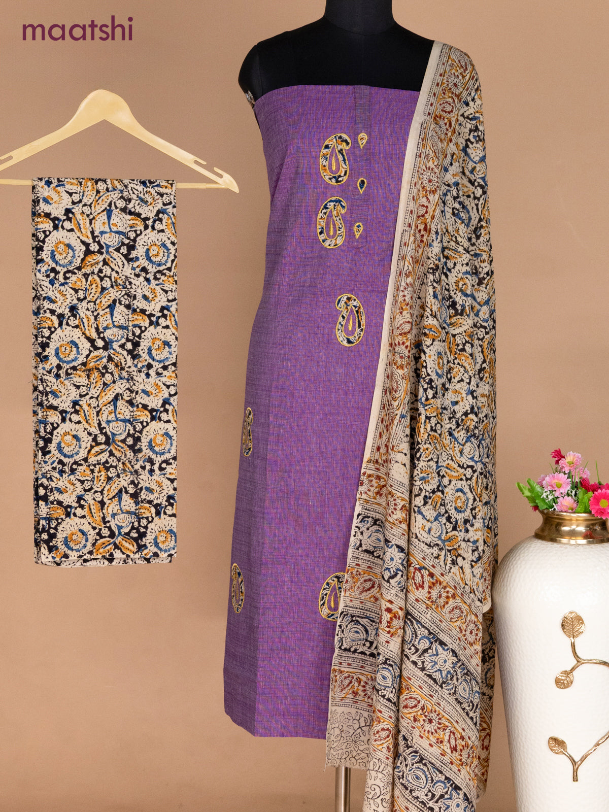 Cotton applique work dress materials violet shade and black beige with kalamkari patch work and kalamkari bottom & dupatta
